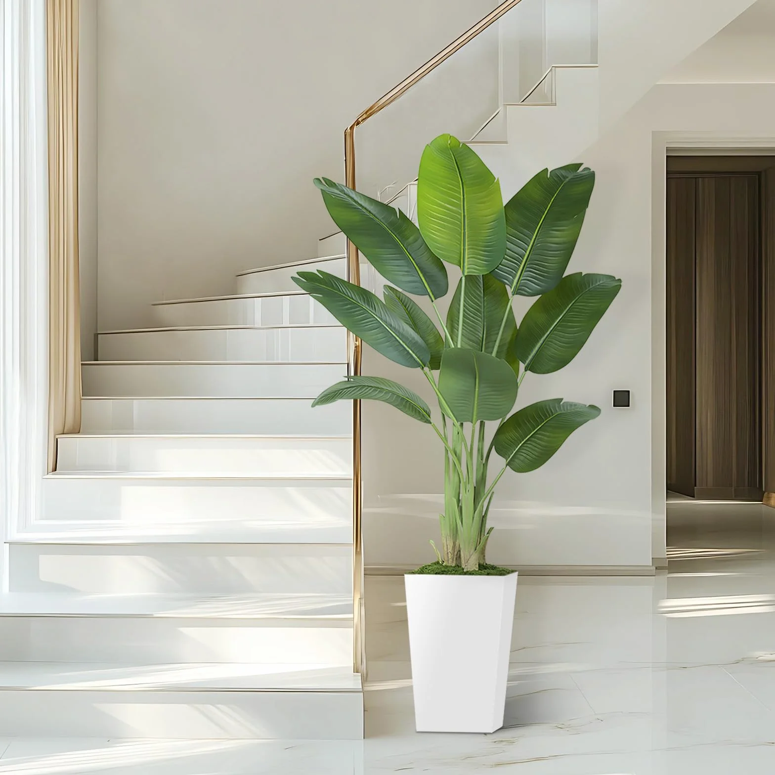 Plante Artificielle Oiseau de Paradis 180cm Pot Blanc Palmier Tropical Feuilles de Bananier Décoration Intérieur Bureau Salon