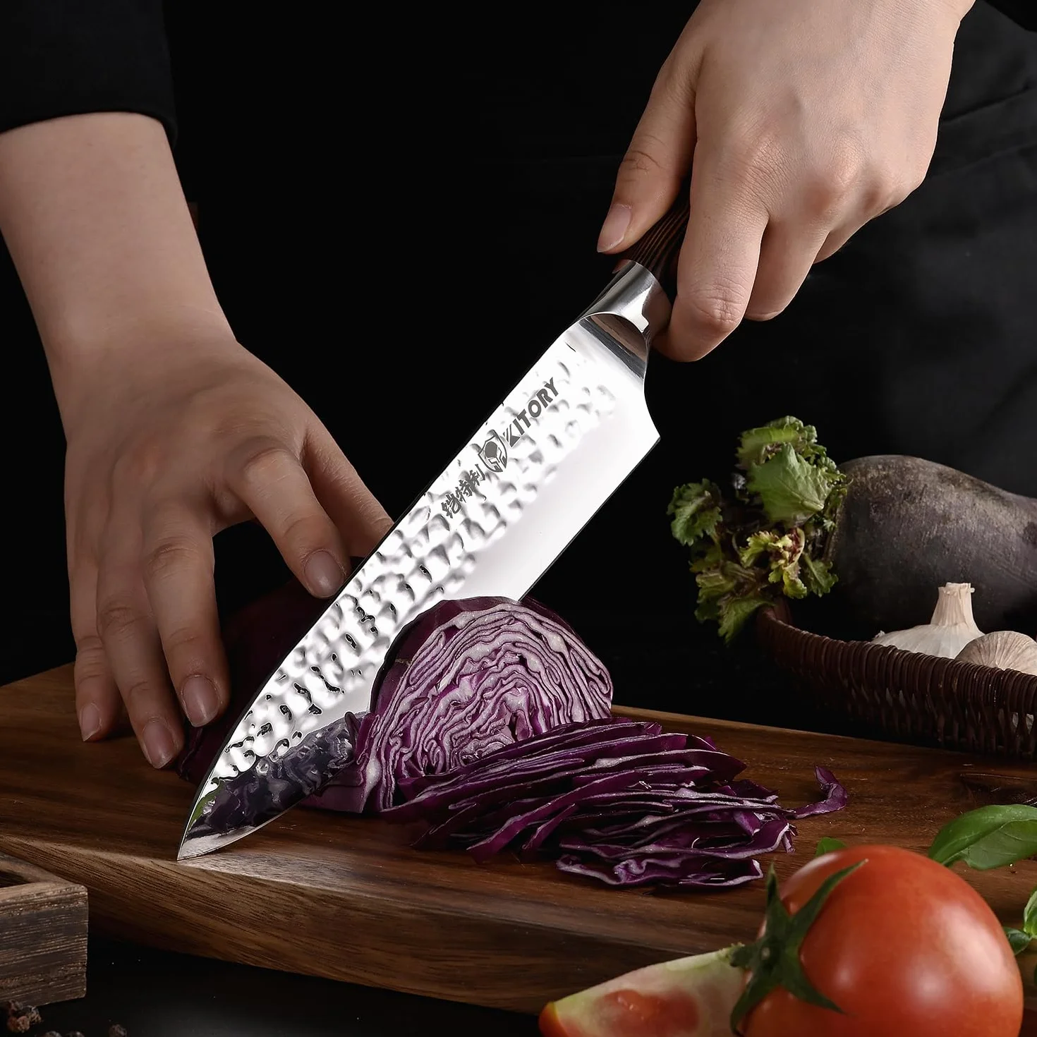 Couteau de Chef 20 cm, Couteau de Cuisine Professionnel, Lame Acier Inoxydable Haute Carbone, Poignée Bambou Ergonomique