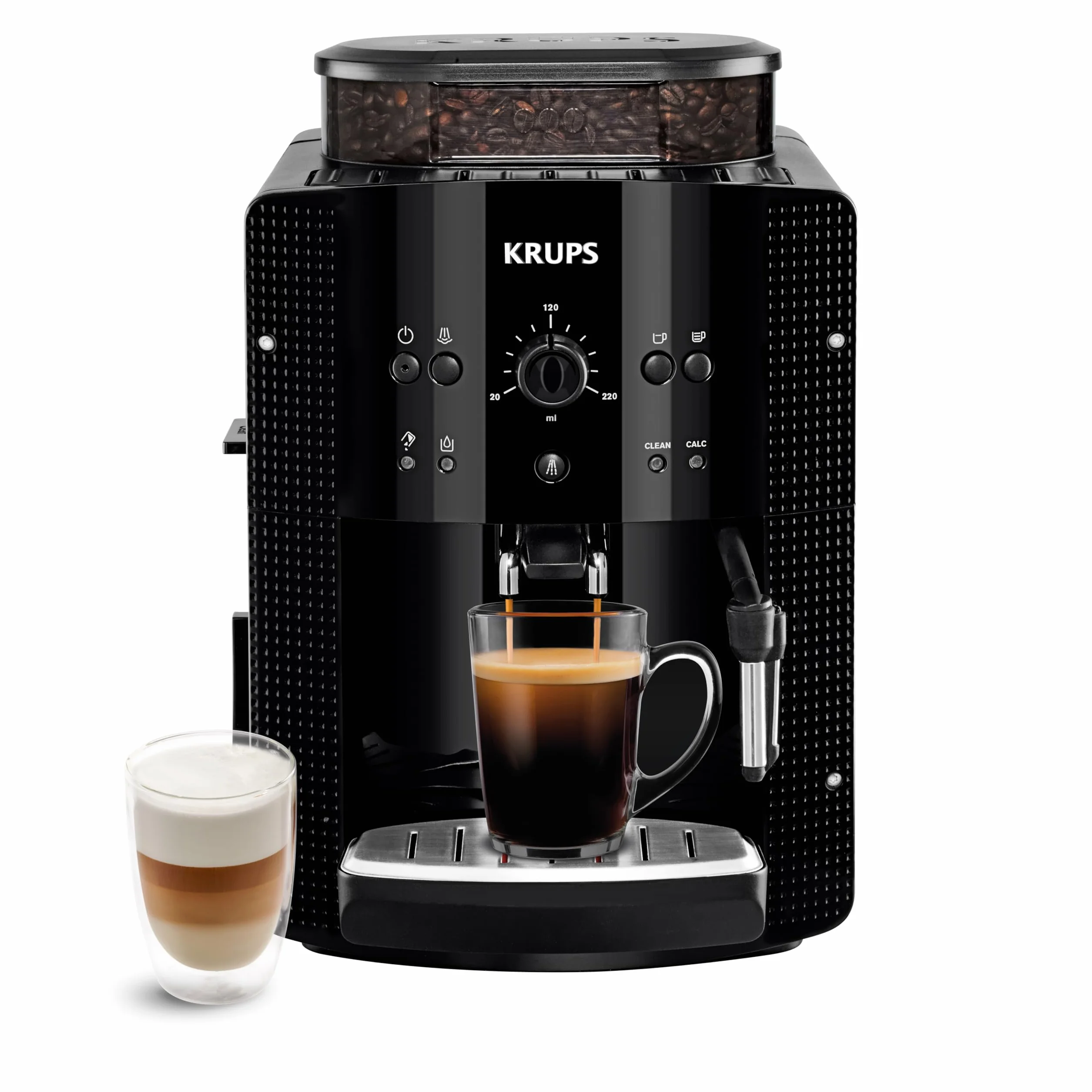 Krups Machine à café grain Essential noire YY8125FD, expresso 2 tasses, nettoyage automatique, buse vapeur cappuccino