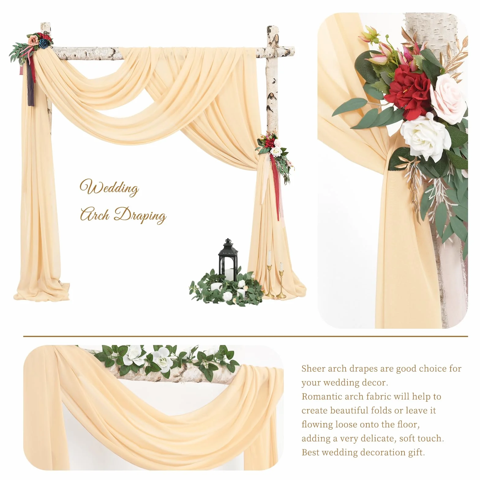 Panneaux de tissu drapé en mousseline de soie pour arche de mariage, 71,1 x 5,8 m, champagne