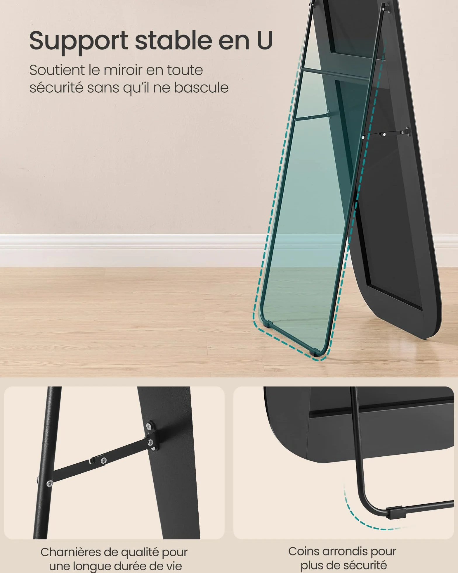 SONGMICS Miroir sur Pied Pleine Longueur 160 x 50 cm Cadre en Aluminium Noir d'encre