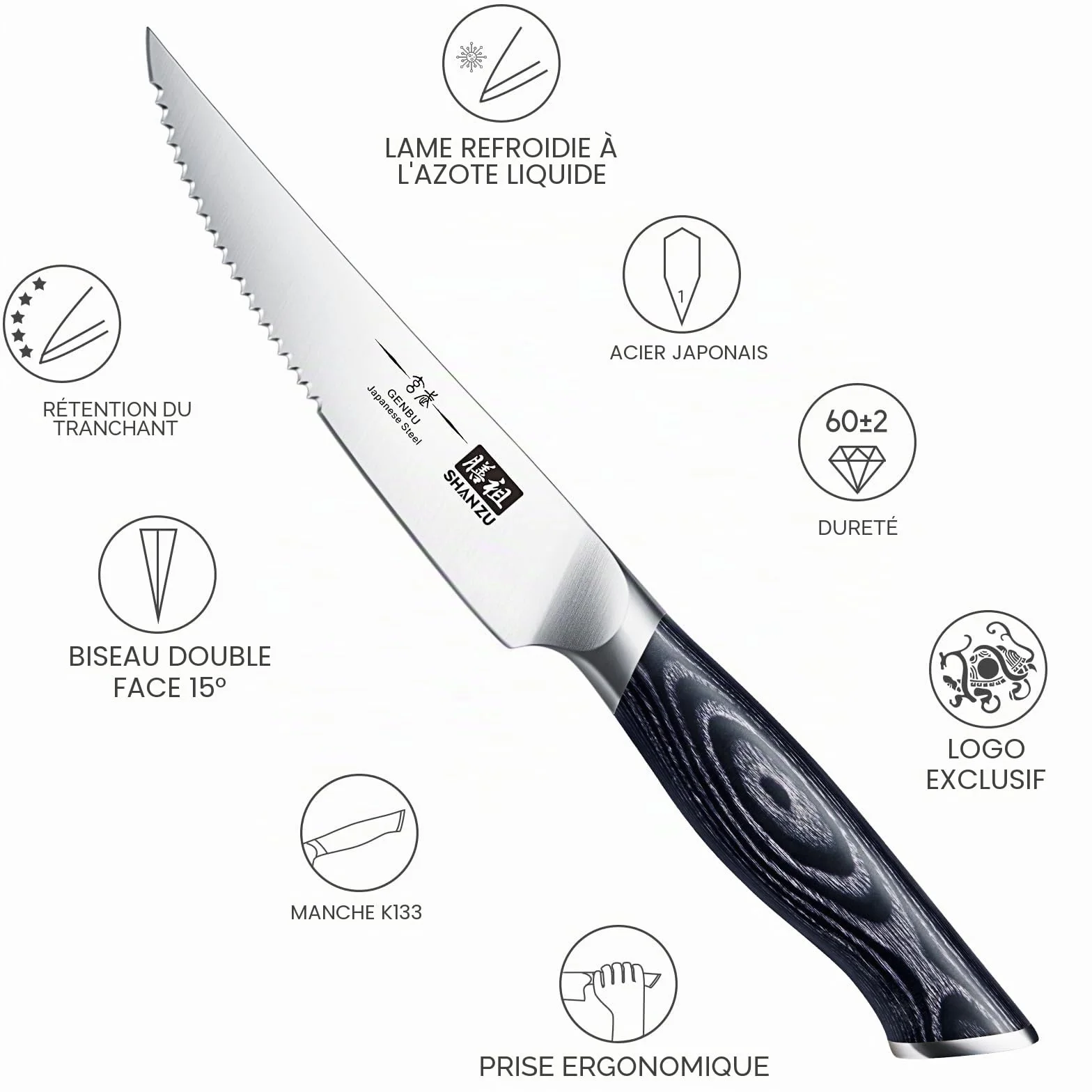SHAN ZU Couteaux à Steak 6 Pièces, Set de Table, Lame Ultra-Fine Acier Inoxydable, Manche Bois K133 Série Genbu