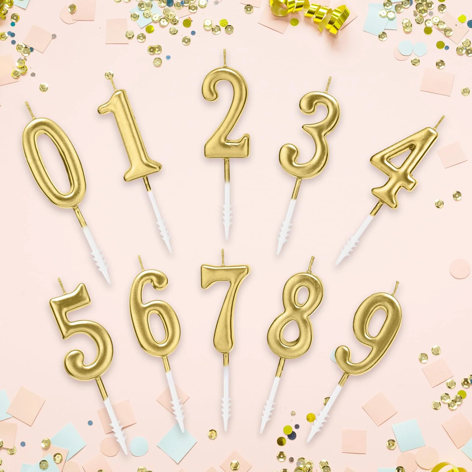 Lot de 10 bougies d'anniversaire à chiffres 0-9 paillettes or champagne pour gâteau