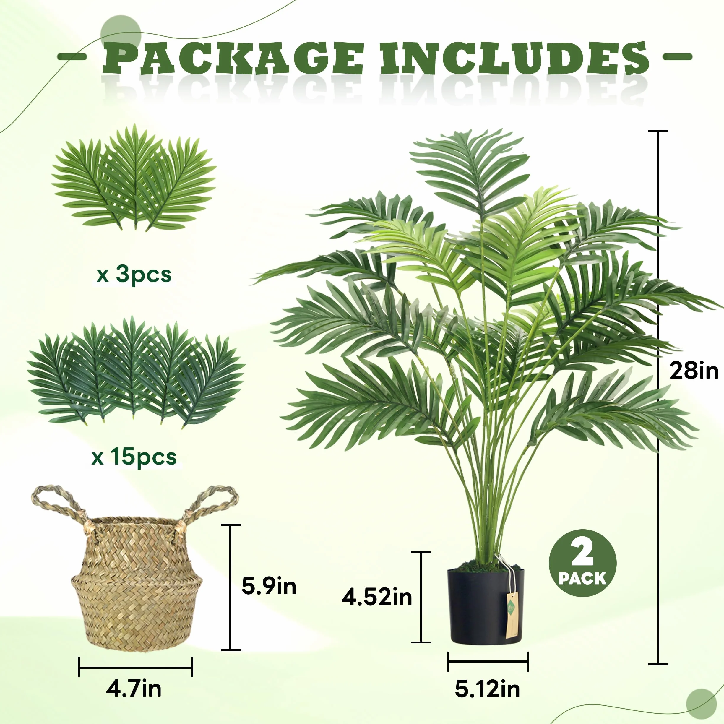 Der Rose 2 Pièces 71 cm Palmier Artificiel Grande Plante Fausse Areca en Pot avec Paniers Tressés