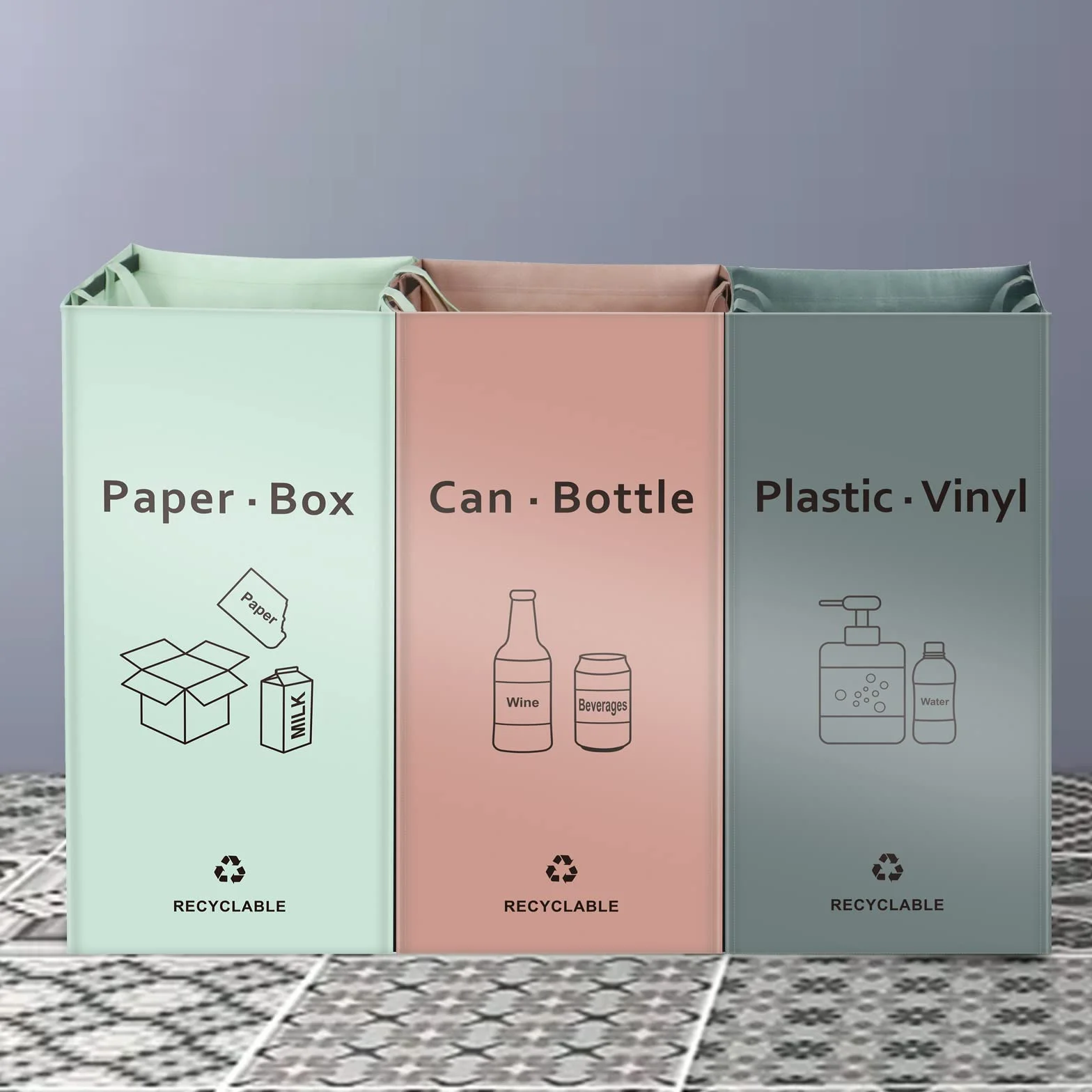 BOMEI PACK Lot de 3 Bacs de Déchets Trieur à Déchets pour Recyclage Rose Gris Vert Poubelle Extérieur Intérieur Papier Verre Plastique