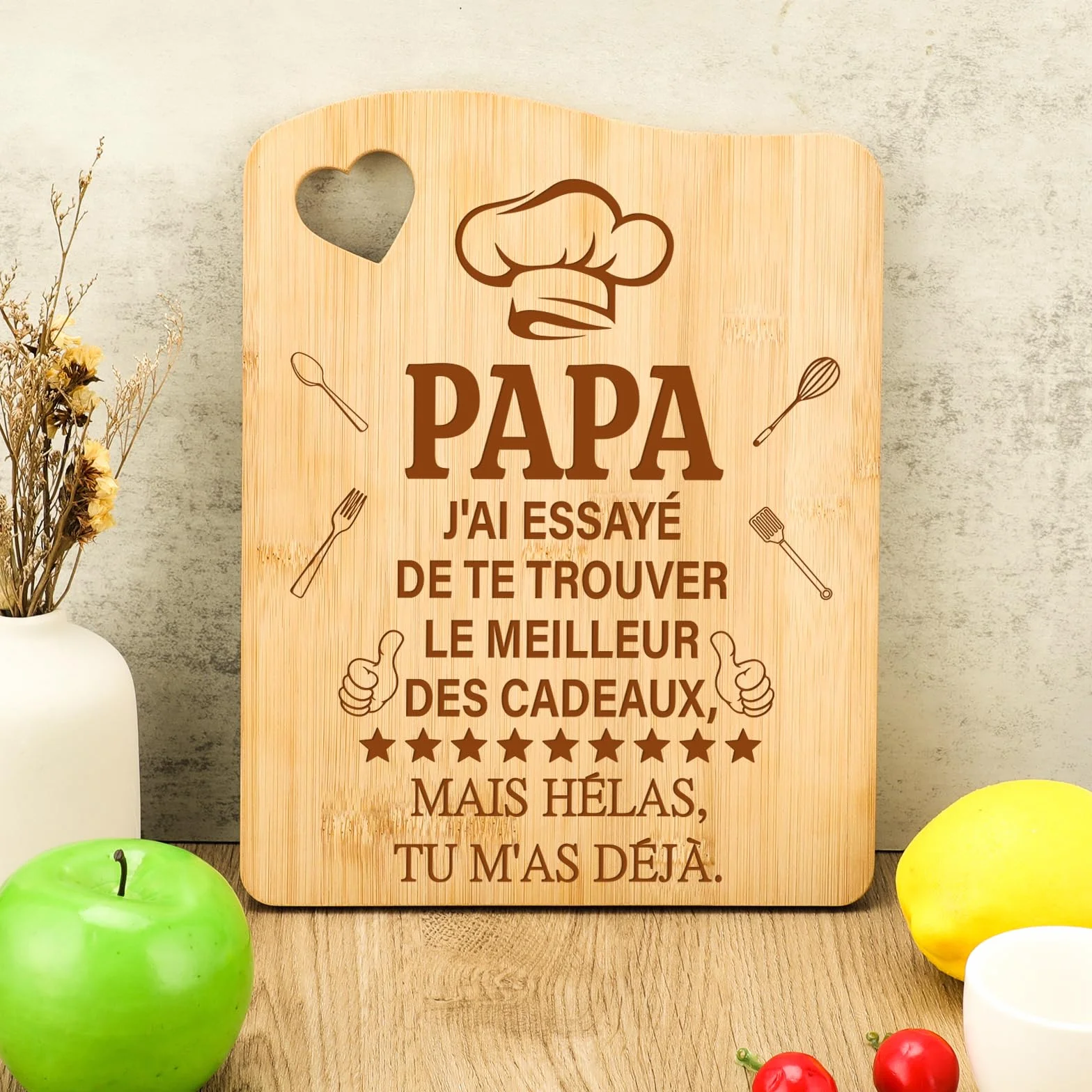 Planche à Découper en Bambou Cadeau Fête des Pères Original pour Papa