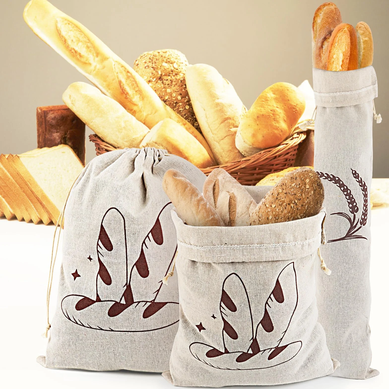 Sacs à Pain en Lin avec Cordon de Serrage Réutilisables Lot de 4 - 30x40 cm et 14.5x63 cm
