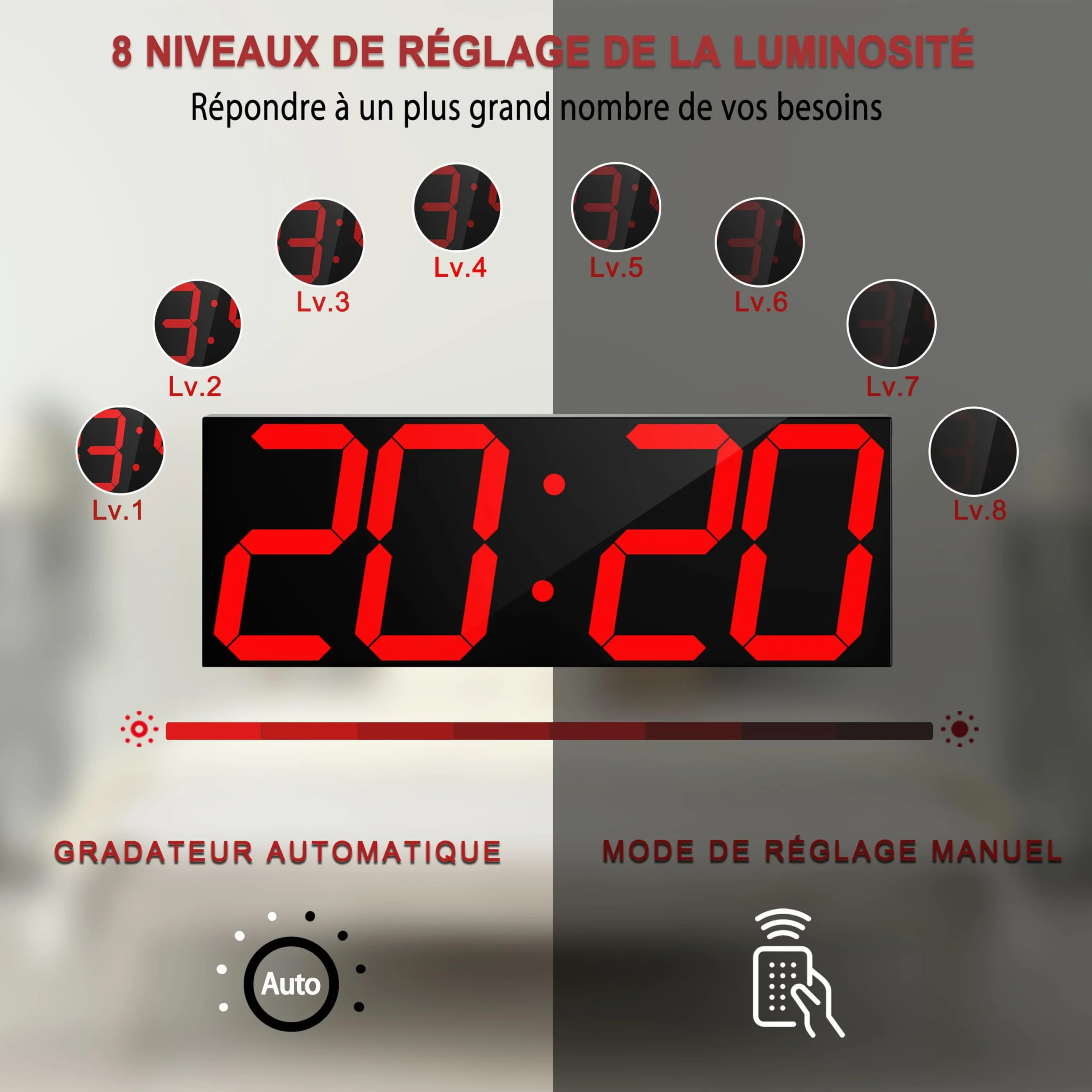 CHKOSDA Grande horloge murale LED numérique 18 pouces compte à rebours 8 niveaux luminosité réglables affichage 12/24 heures indicateur température calendrier rouge