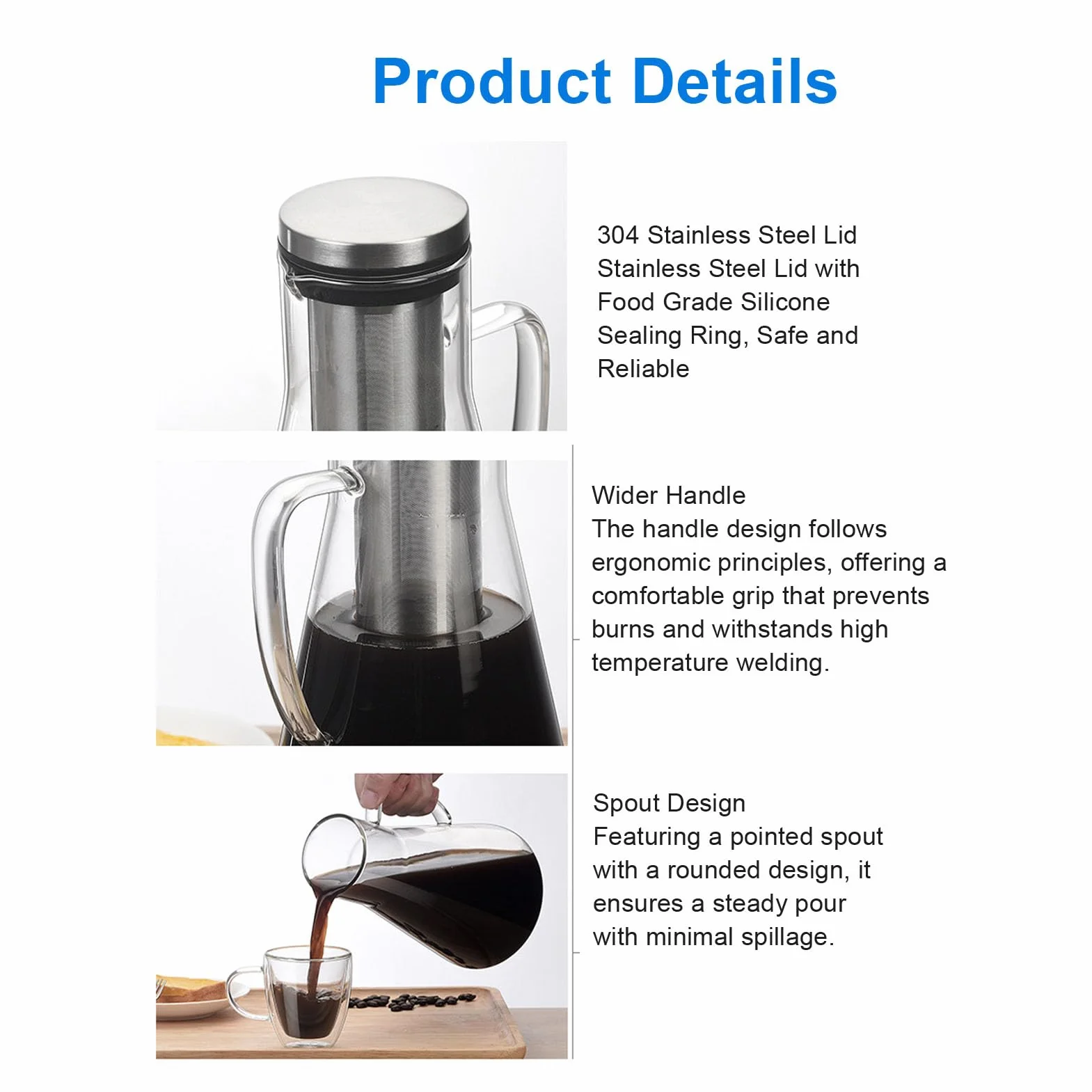 Cafetière à Infusion à Froid en Acier Inoxydable Pichet Verre Borosilicate 1600ML