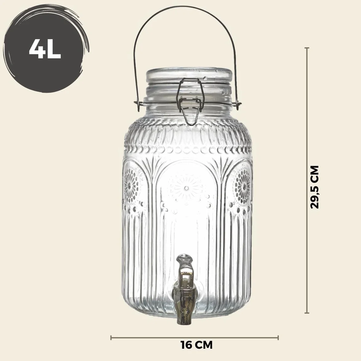 Distributeur Boisson avec Robinet 4 L - Fontaine à Eau et Cocktail en Verre - Jarre pour Fêtes et Anniversaires