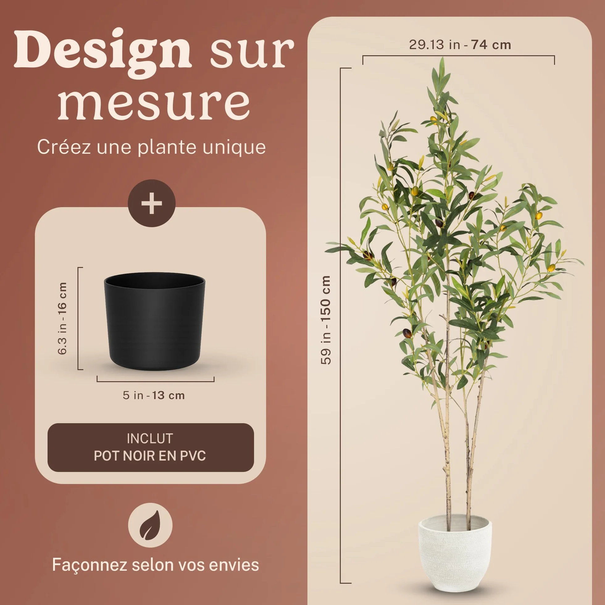 Olivier Artificiel 150 cm Plante Artificielle décorative avec Pot Inclus Style méditerranéen Moderne