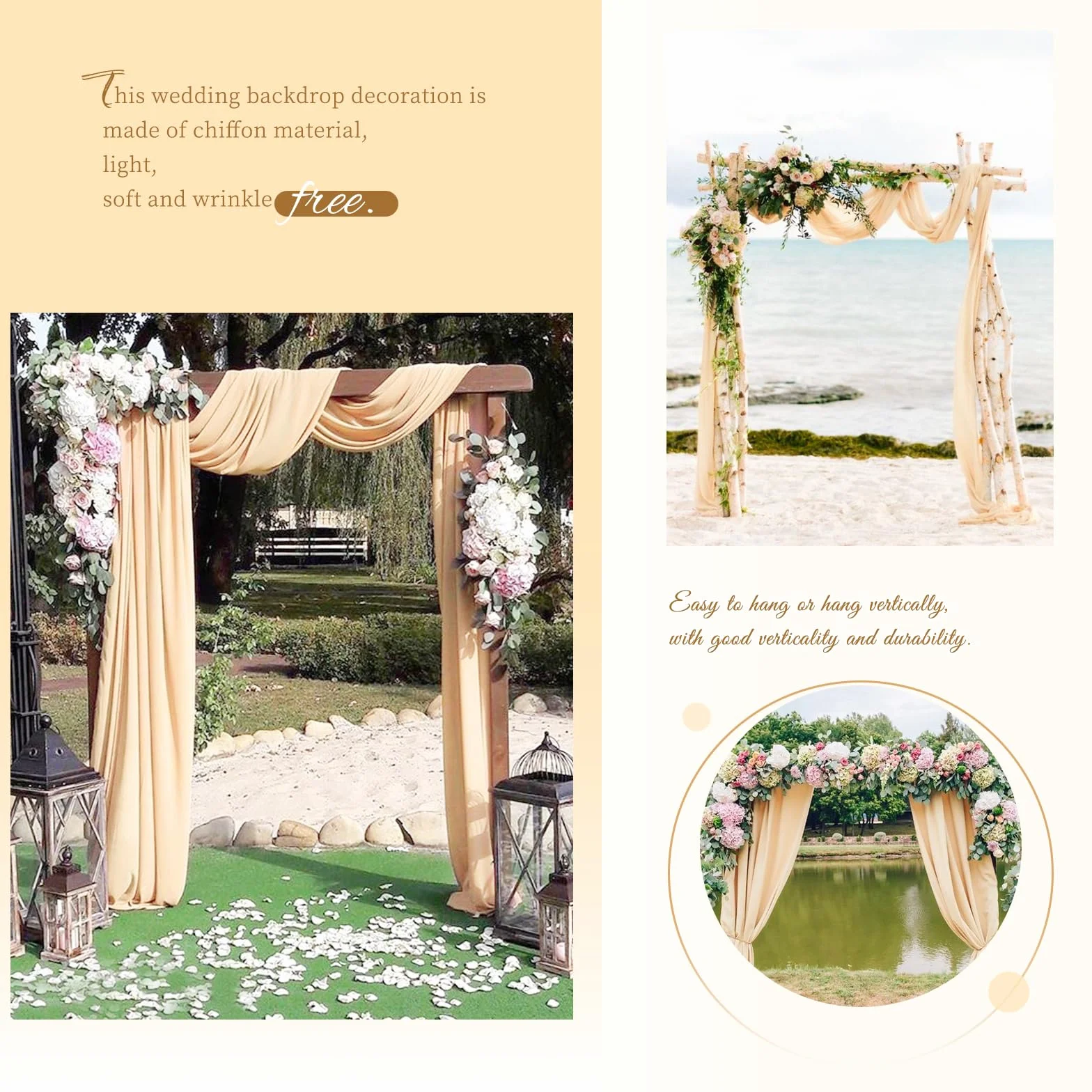 Panneaux de tissu drapé en mousseline de soie pour arche de mariage, 71,1 x 5,8 m, champagne