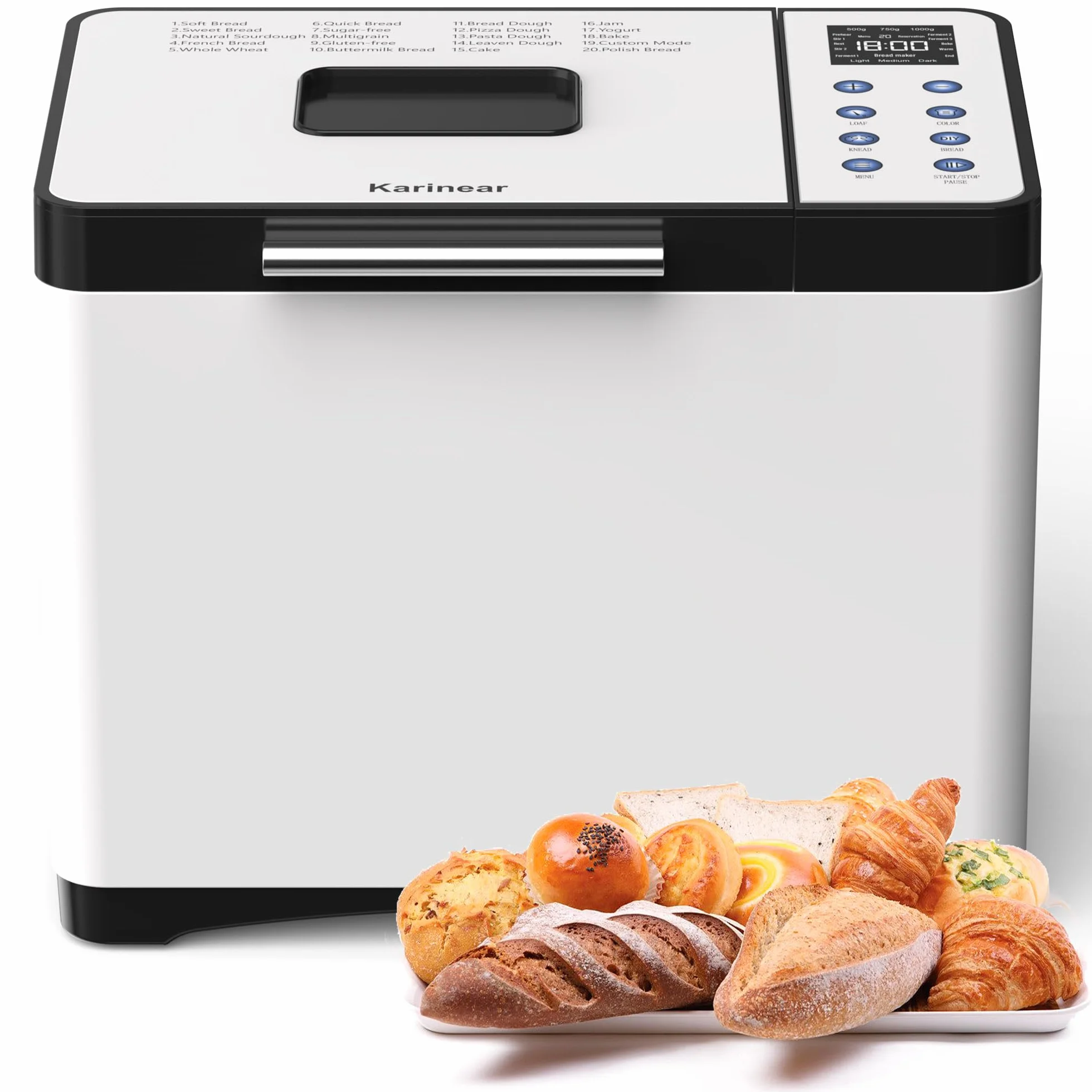 Machine à pain Karinear acier inoxydable 20 programmes départ différé 15h blanc