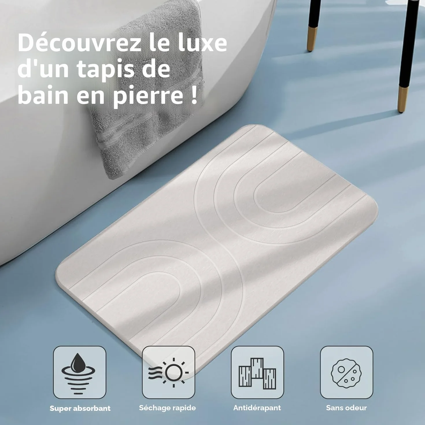 Feilifan Tapis de Bain en Pierre de Diatomite 60 x 38 cm Blanc
