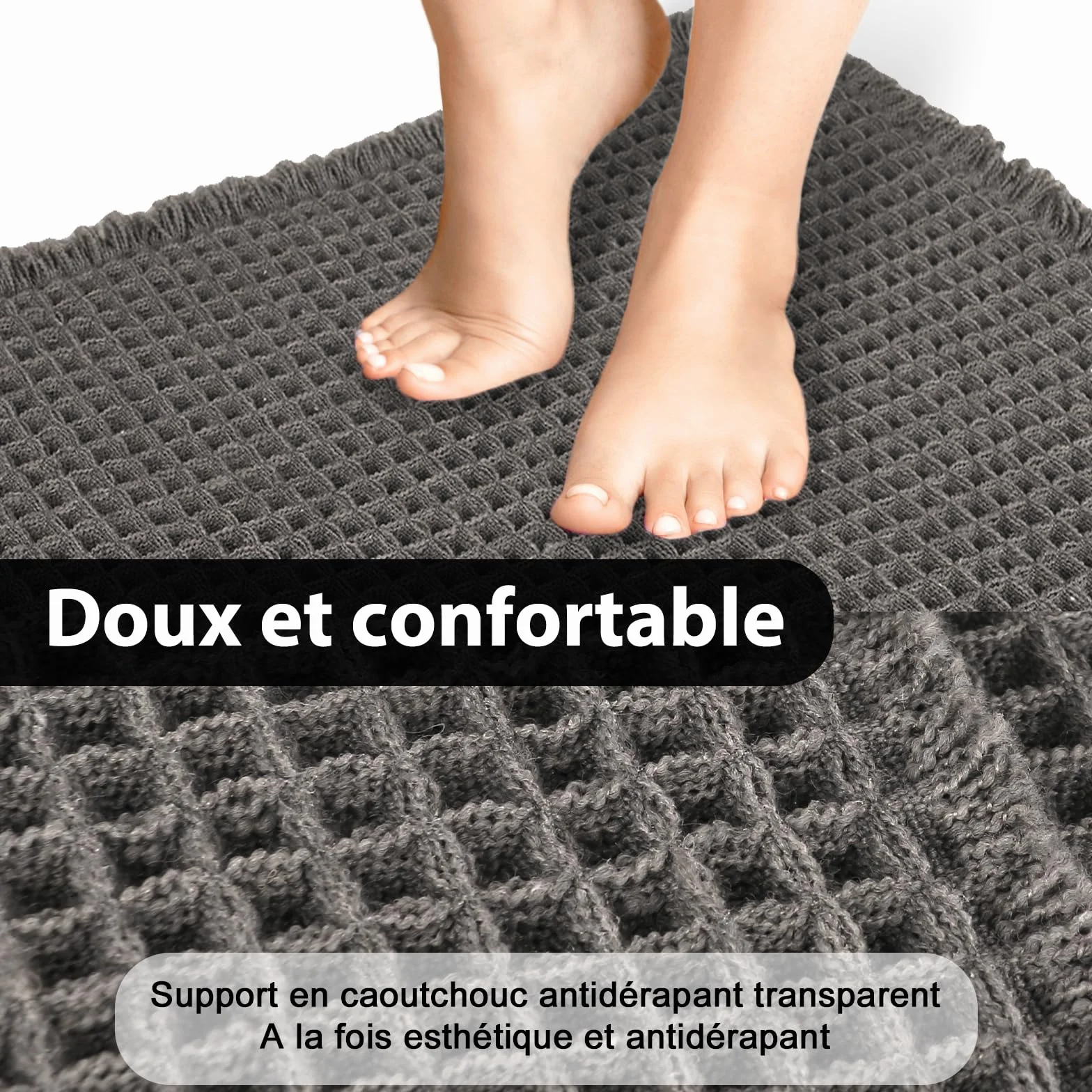 Tapis de Bain Antidérapant Ultra Doux Gaufres avec Glands, Absorbant Lavable en Machine 61 x 122 cm Gris Foncé