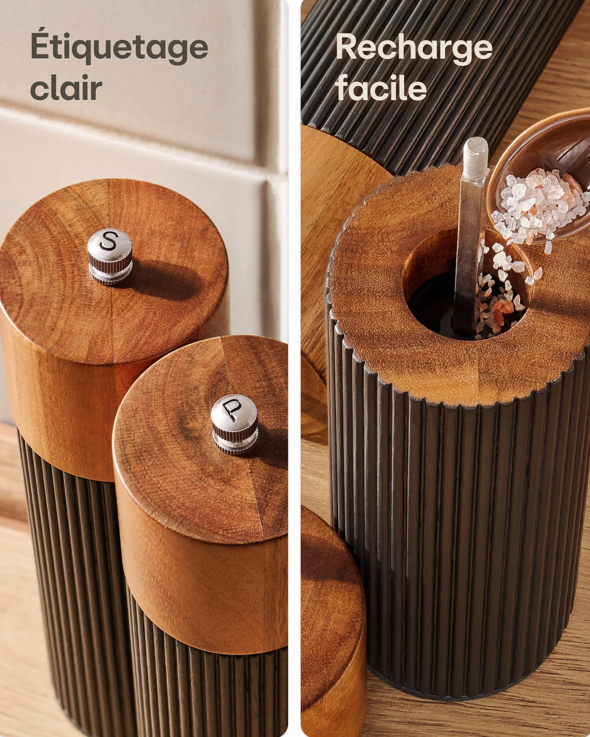 Moulin à Poivre et Sel Manuel en Bois d'Acacia FSC® avec Mécanisme Céramique Réglable Noir Petit