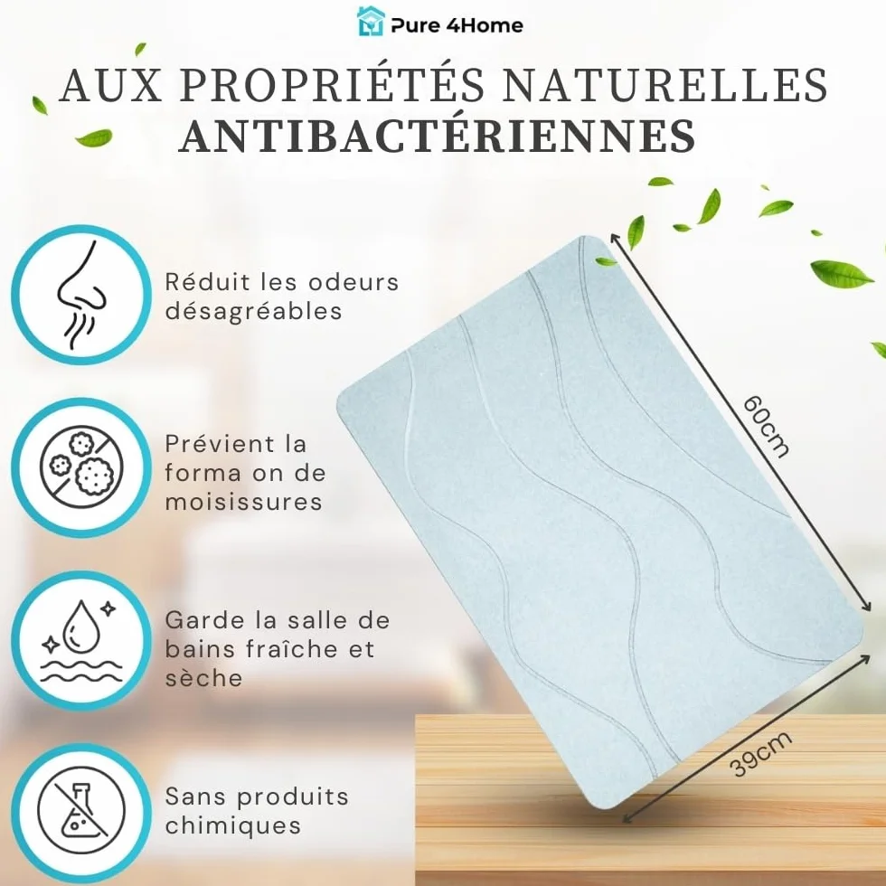 Tapis de Bain Diatomite Antidérapant 60 x 39 cm Pierre Naturelle Salle de Bain Diatomite Stone Bath Mat Waves Gray