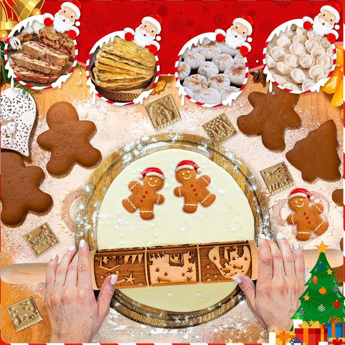 Rouleau à pâtisserie en bois 3D 35 cm motif fleurs de Noël