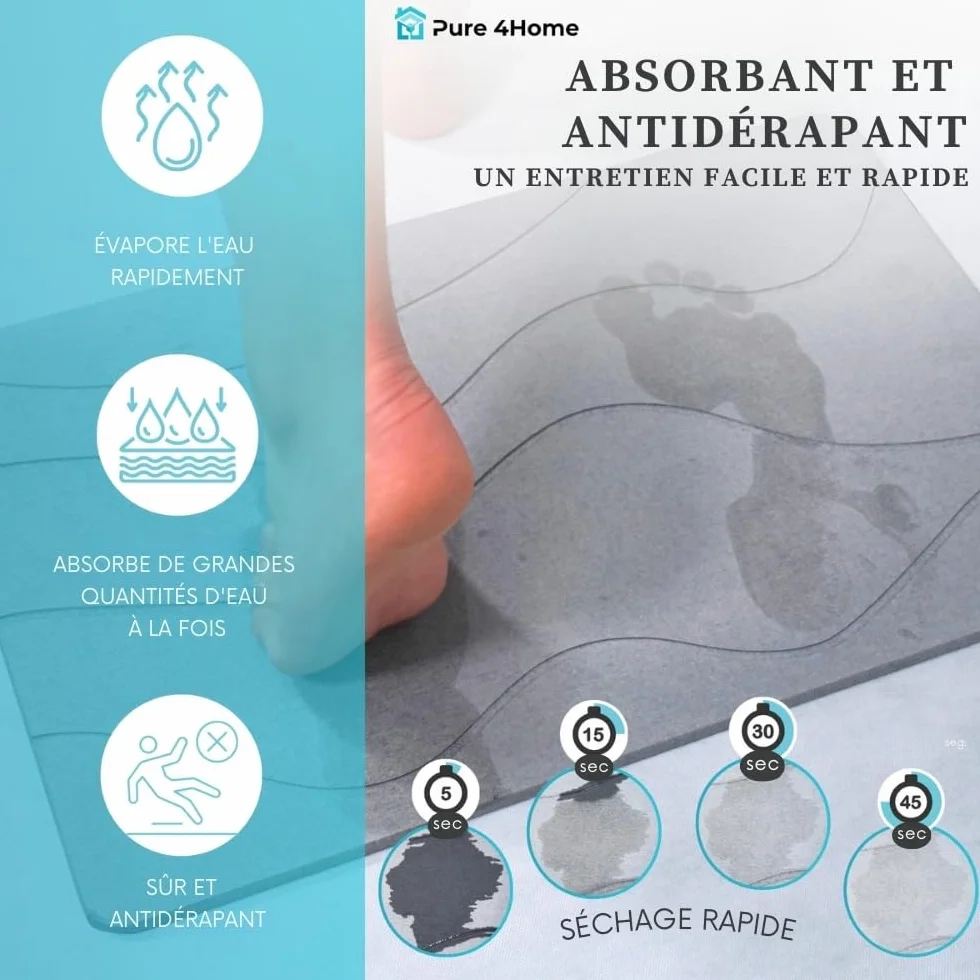 Tapis de Bain Diatomite Antidérapant 60 x 39 cm Pierre Naturelle Salle de Bain Diatomite Stone Bath Mat Waves Gray