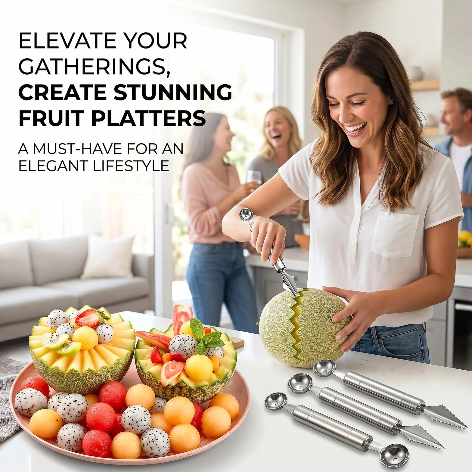 4PCS Outil à Découper les Fruits Éplucheur Cuillère à Melon Double Tête Ustensiles de Cuisine