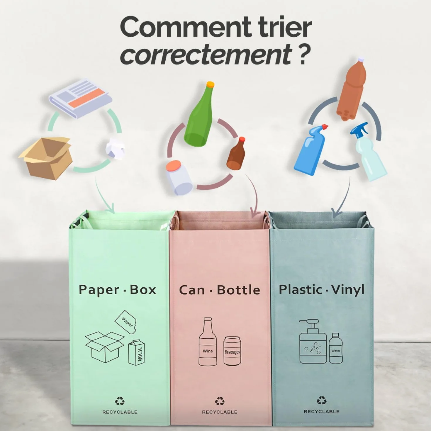 Lots de 3 sacs de recyclage réutilisables 160L pour tri sélectif