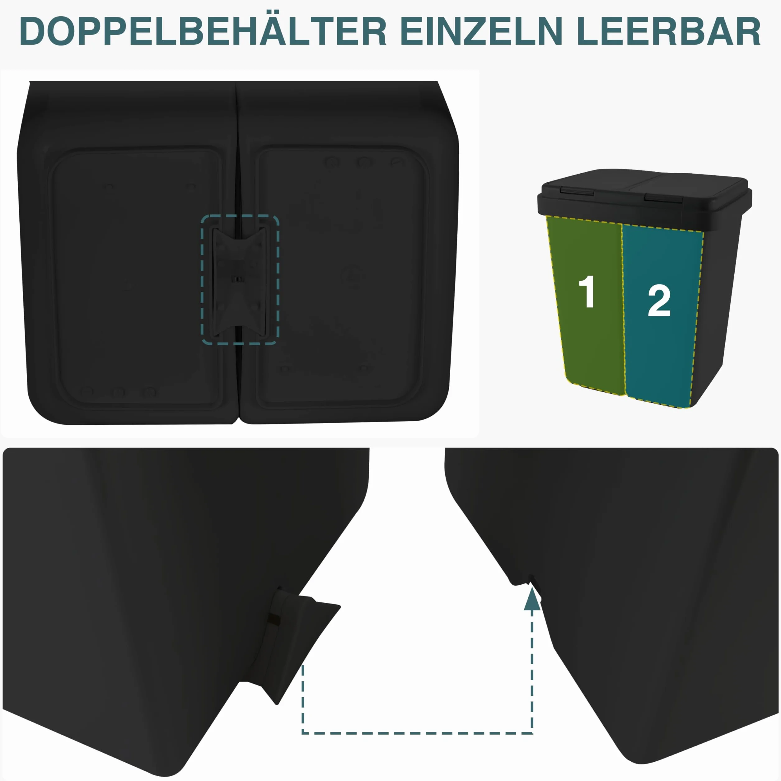 Ribelli Poubelle de tri sélectif cuisine 2 x 25 L Kunststoff geruchsdichter Abfalleimer Noir