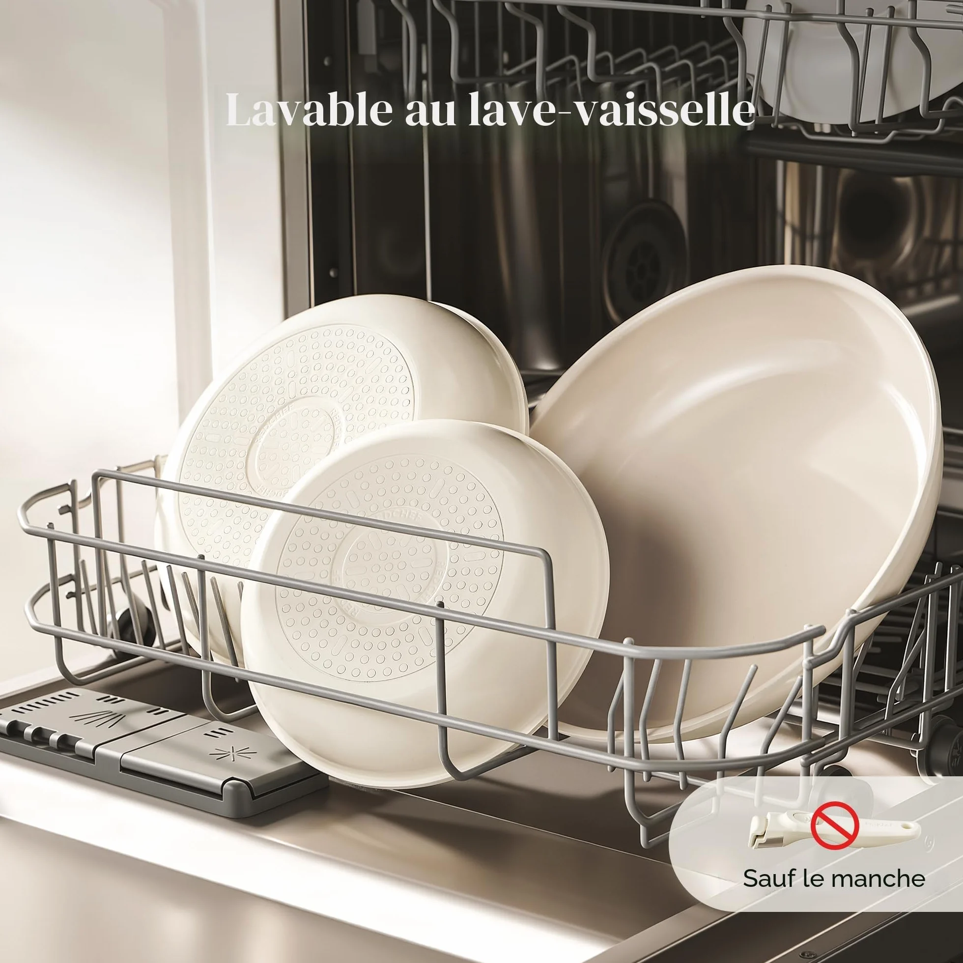 Redchef Lot de poêles céramique antiadhésives 20/24/28 cm induction compatible sans PTFE ni PFOA poignée amovible Beige