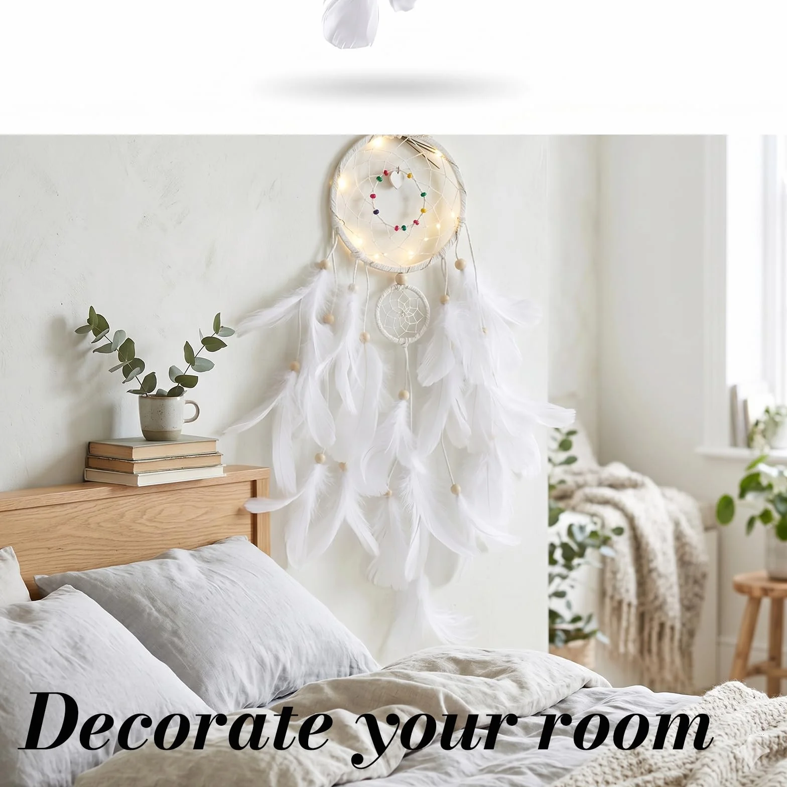 Capteur De Rêves en Plumes Lumineux Attrape Rêve Rétro Décoratif Avec Lumières LED Pour Chambre