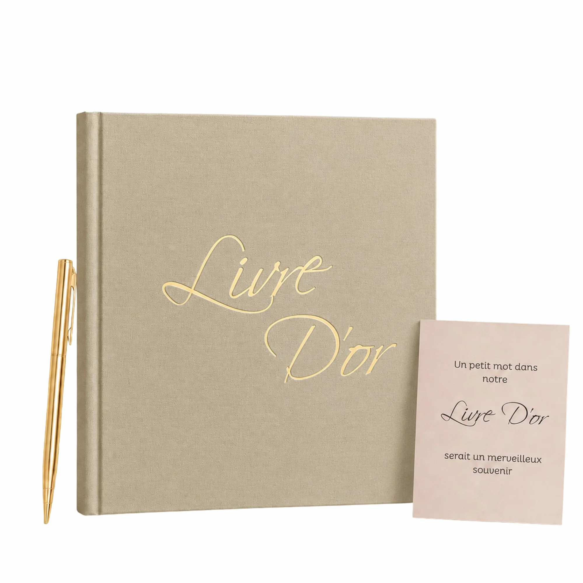 Livre d'Or Lin Beige 21x21 cm 100 Pages Blanches Stylo et Affiche Mariage Anniversaire Baptême