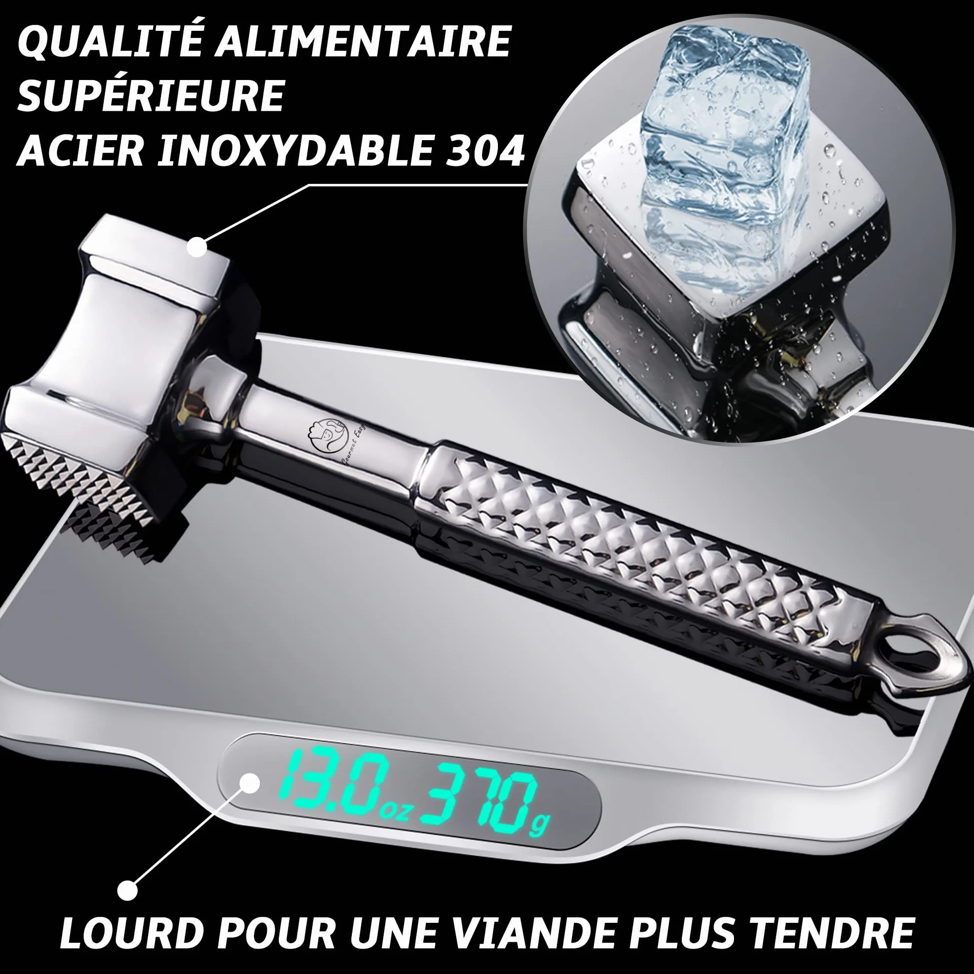 Attendrisseur de viande en inox - Marteau à viande double face professionnel - Gourmet Easy