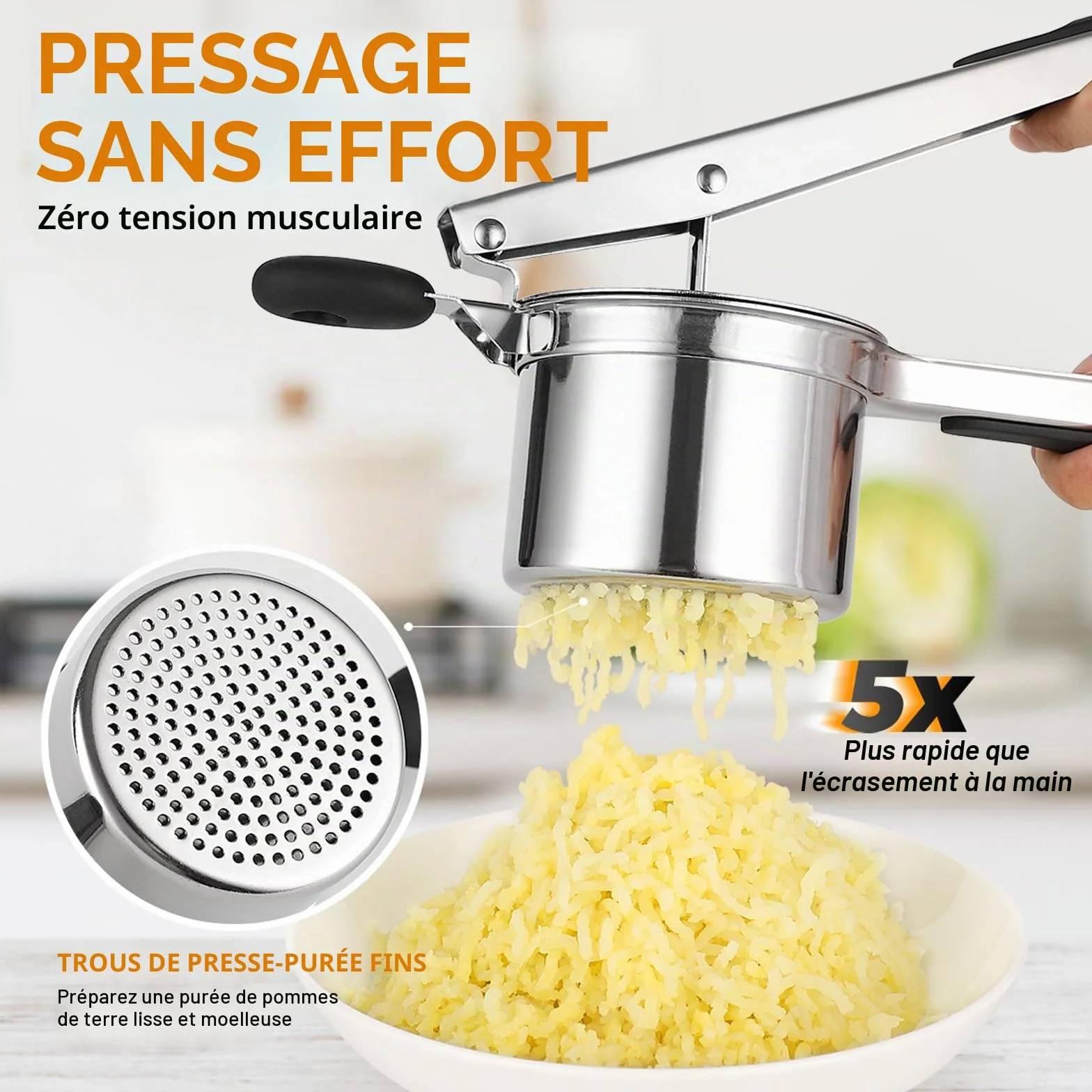 Presse-purée inox 450 ml fond perforé fixe, presse à pommes de terre grande capacité