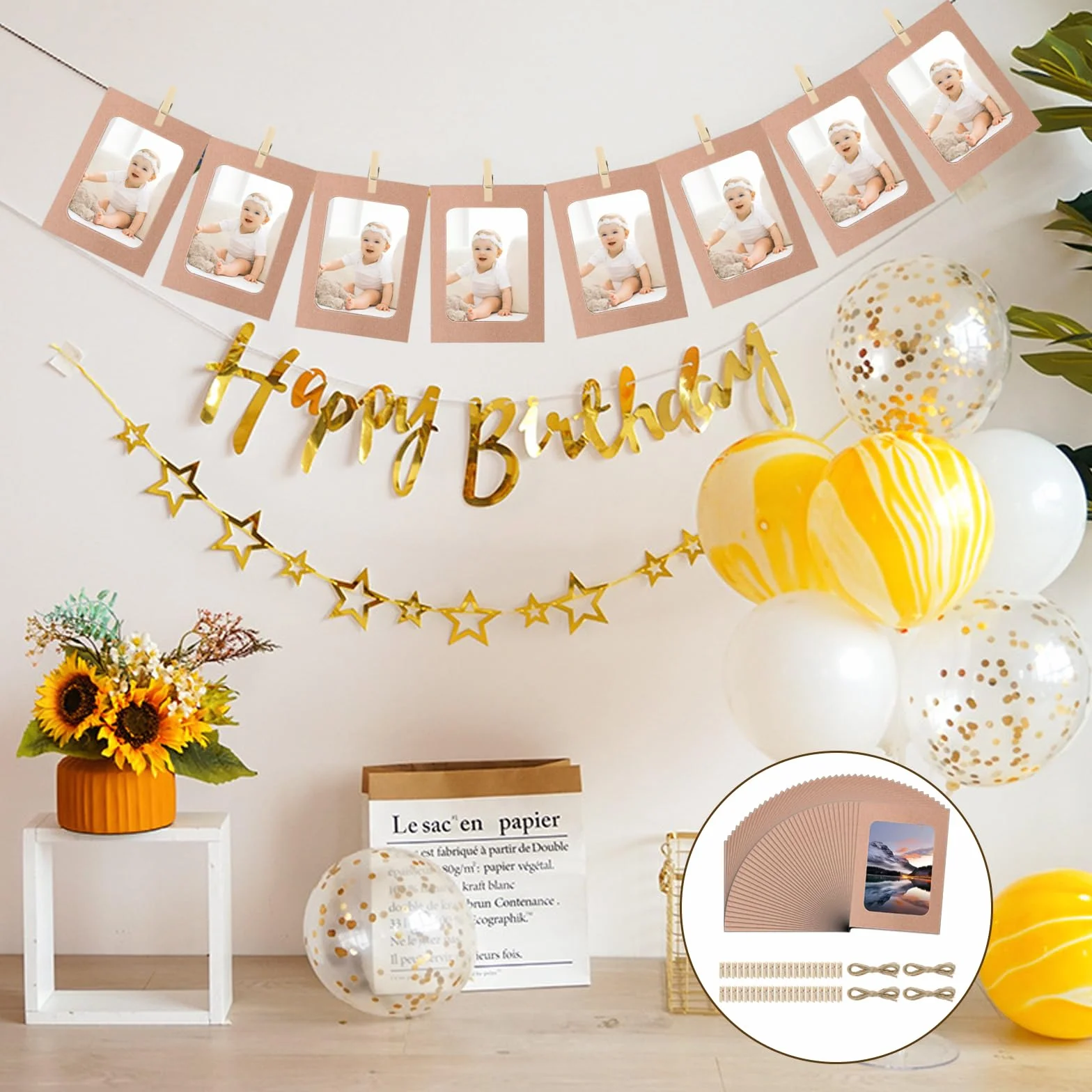 Cadres Photo en Papier 10x15 cm, Guirlande Photo 40 Pinces Bois + 4 Cordon Jute, Lignes à Photos DIY Anniversaire Mariage