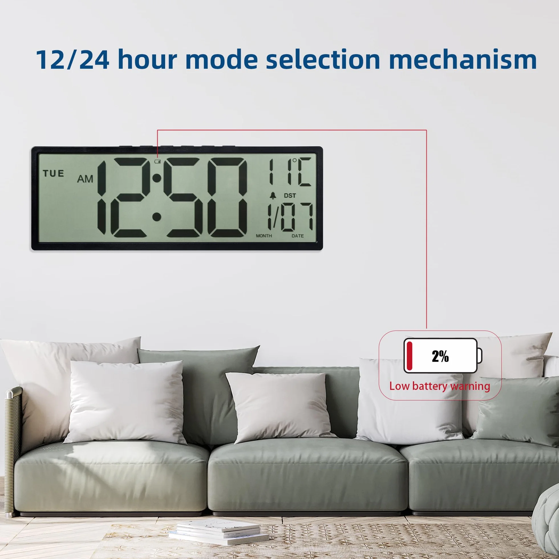 Maxstar Grande Horloge Murale Numérique 15" Grand Écran LCD Chiffres Géants Piles Auto DST Température Date