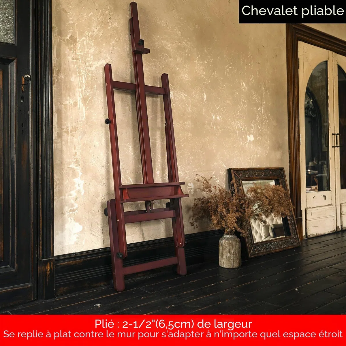 MEEDEN Grand Chevalet Bois en H: Chevalet Peinture Réglable de 190cm à 370cm avec 4 Roues Tenir la Toile jusqu'à 236cm - Stand de Dessin Pliable avec Rangement
