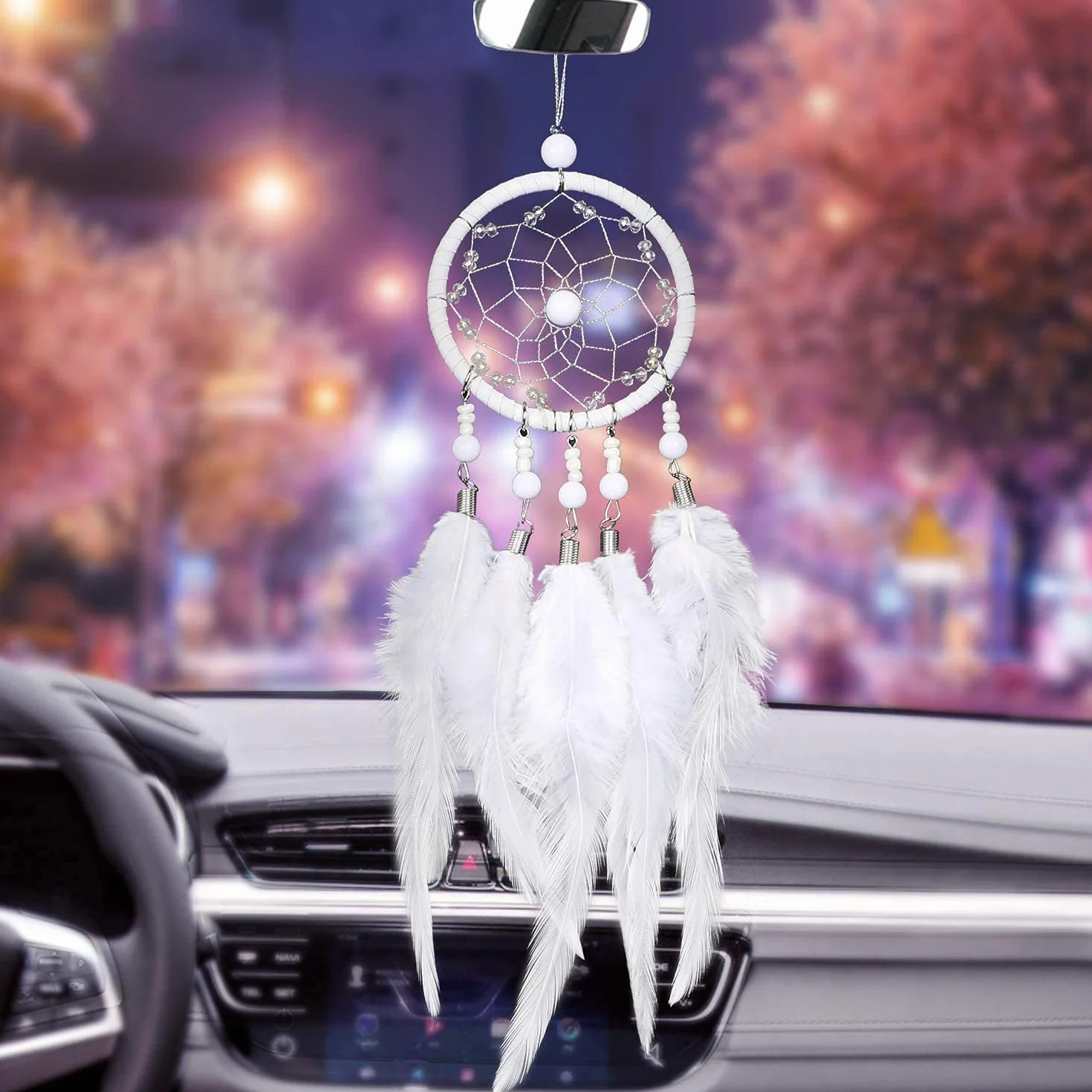 Dream Catcher Ręcznie Robiony Plume Ornament Samochodowy Lusterko Wsteczne Boho Dekoracja Okno Zawieszony Prezent (Blanche)
