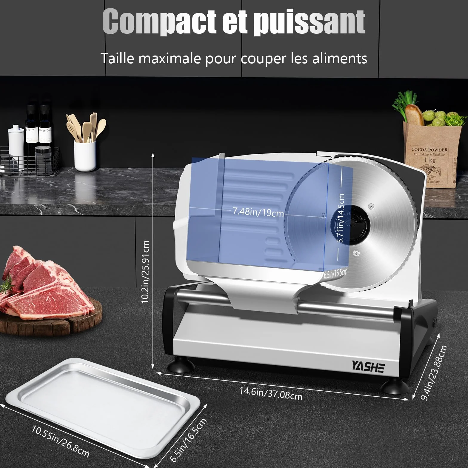 YASHE Trancheuse Électrique 200W Lames Acier Inoxydable 19CM Épaisseur Réglable 0-15mm