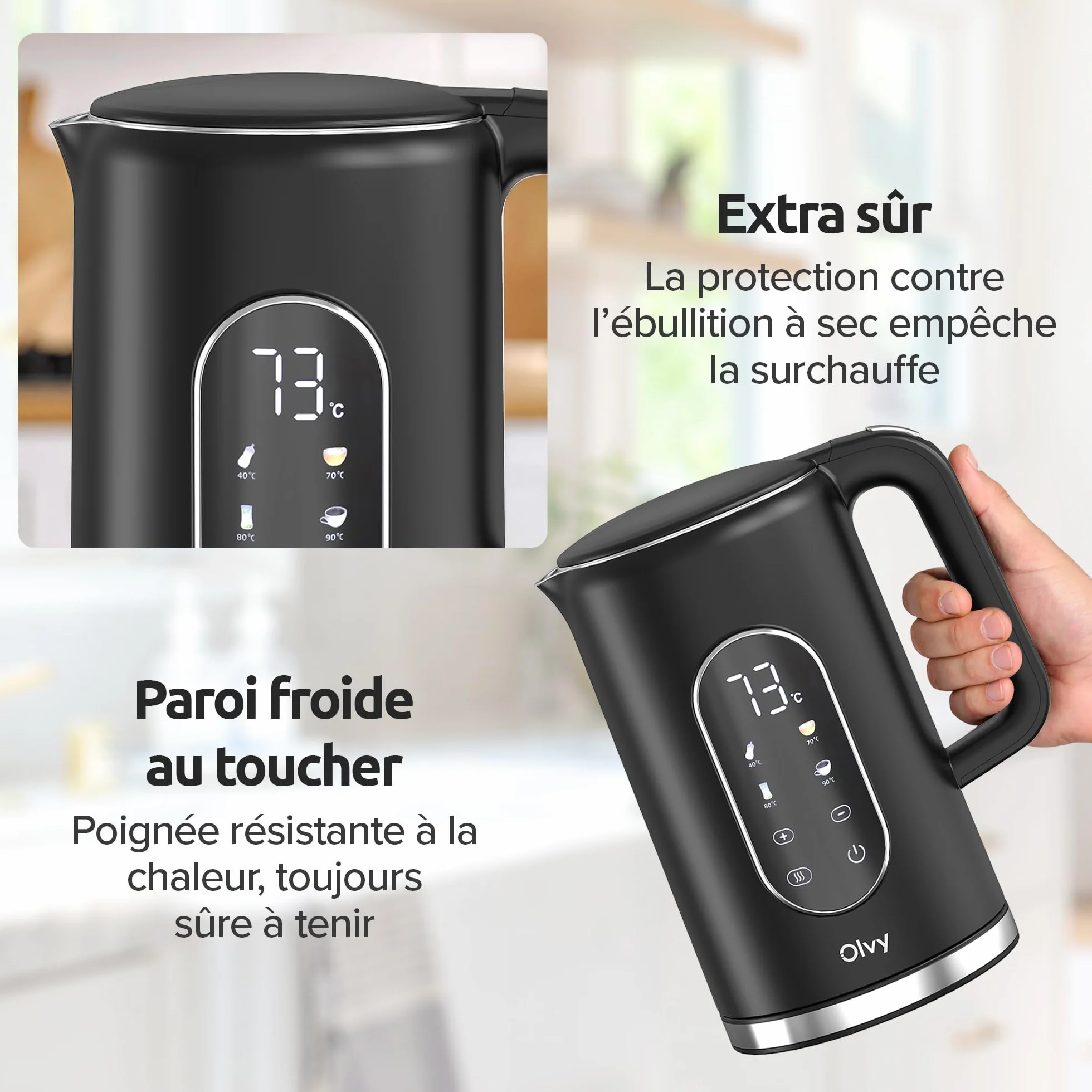 Bouilloire Électrique Olvy 1,7 L 2200W Double Paroi Inox Chauffe-Eau Rapide