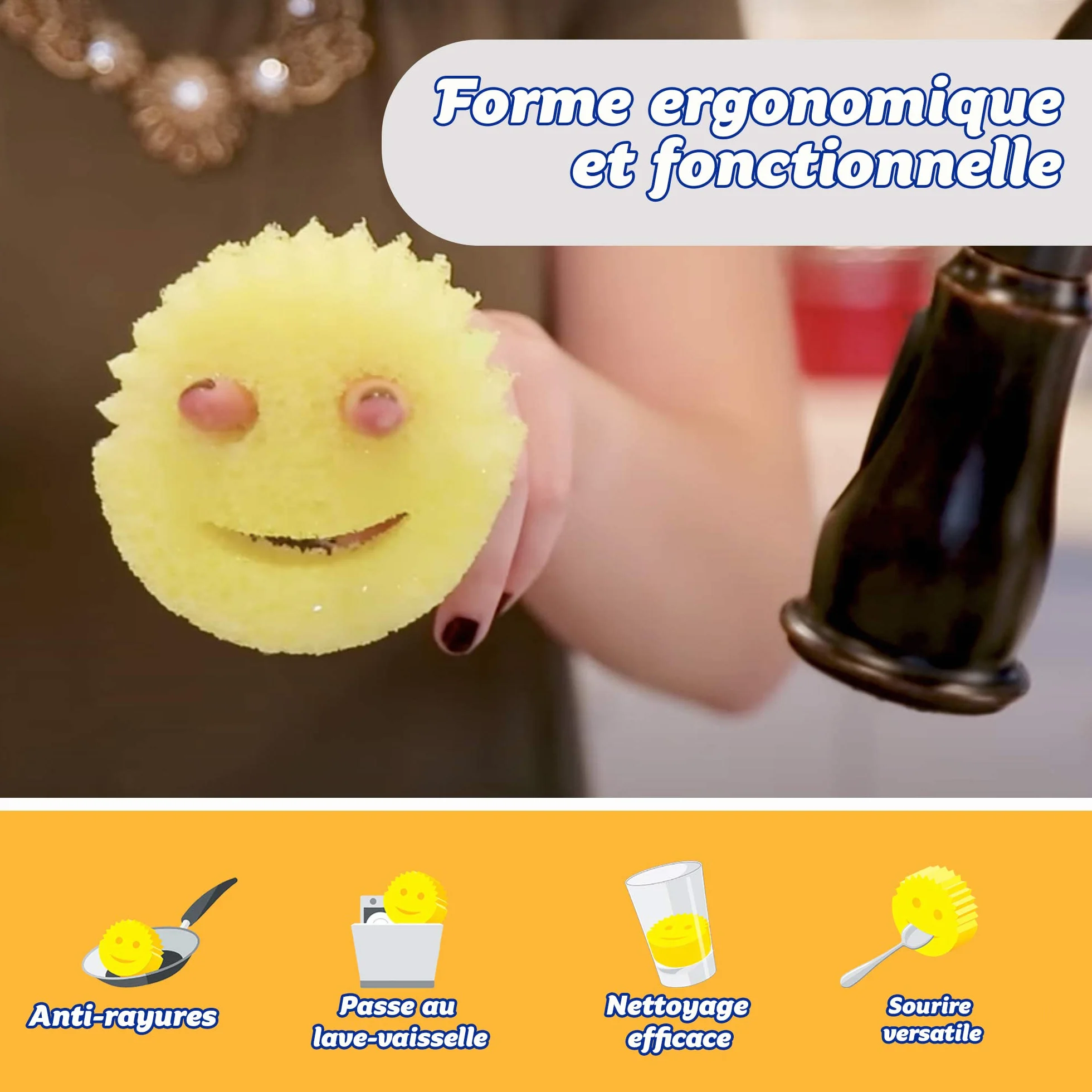 Scrub Daddy Original Éponge à Récurer Smiley Anti Rayure Antibactérienne Lot de 2 Jaune