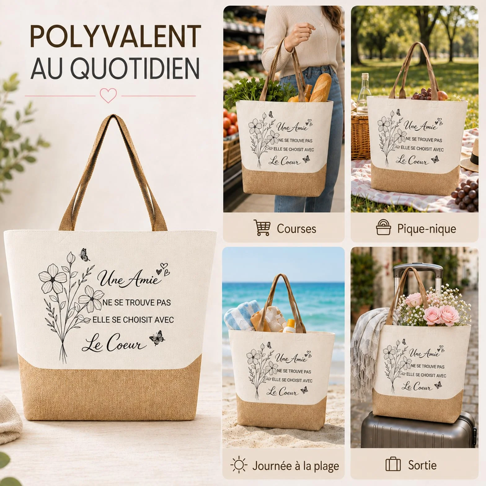 Cadeau Meilleure Amie Tote Bag Sac en Toile Jute Cabas avec Porte-Clés et Bracelet