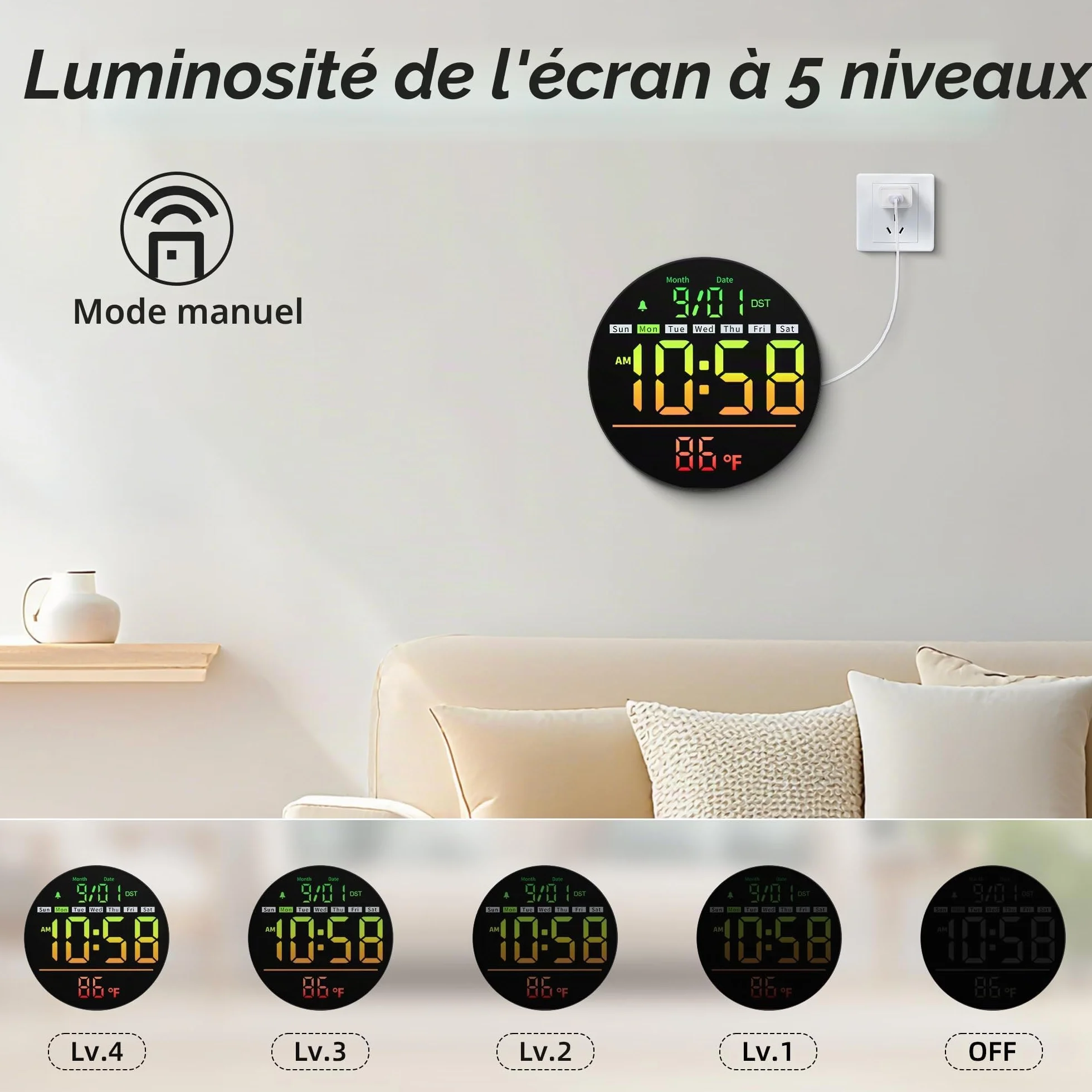 Maxstar Horloge Murale Numérique 8" LED avec Alarme, RGB, Température, Date