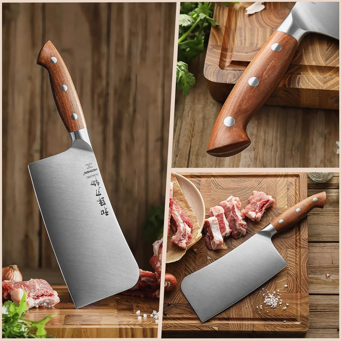 HEZHEN Couteau à Hacher Chinois, Couperet à Viande, Manche en Redwood