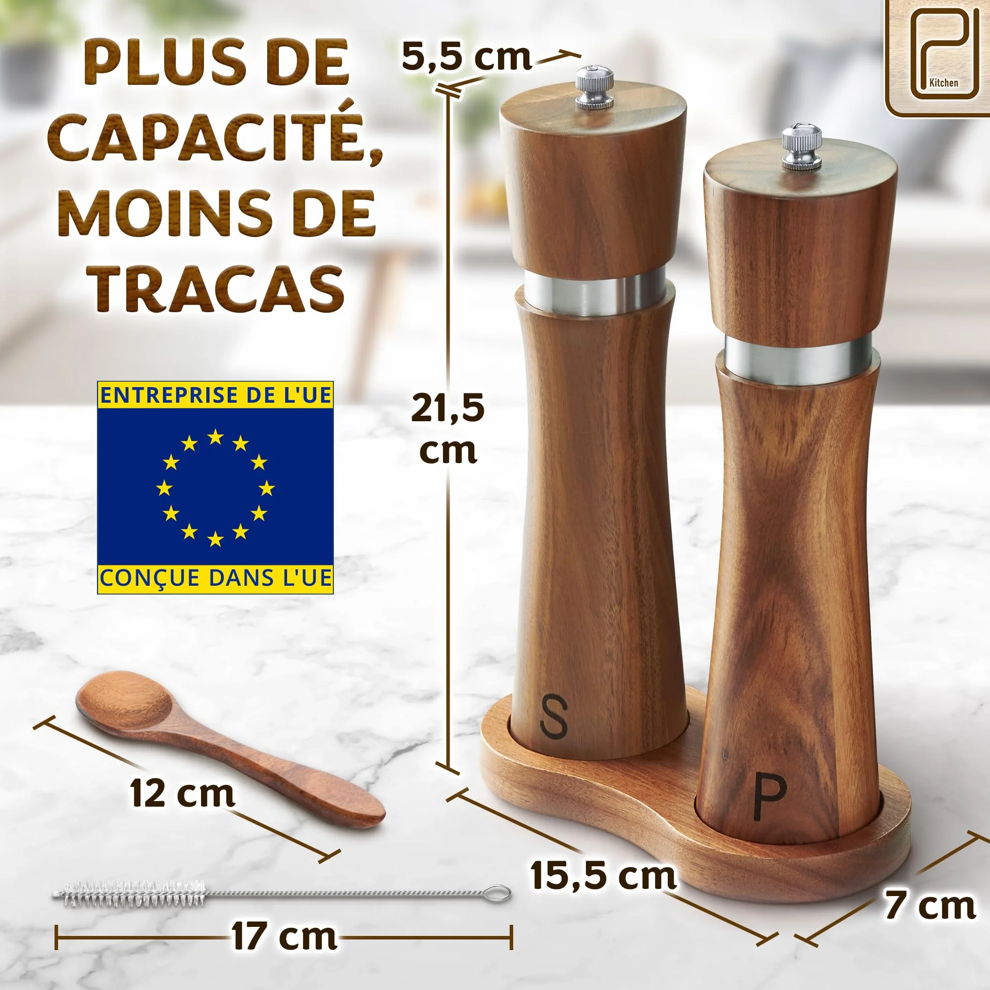 PJC-Kitchen Ensemble de Moulins à Sel et Poivre en Bois d’Acacia avec Plateau - 60 g
