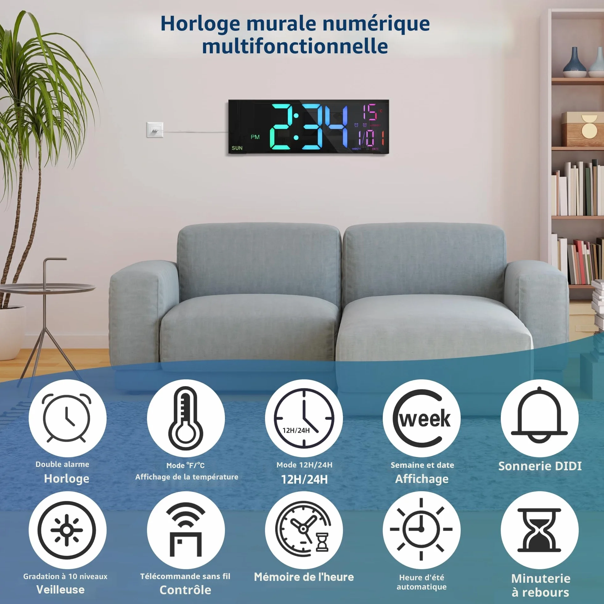 HAITANG Grande Horloge Murale Numérique 16" RVB LED Double Alarme Télécommande Température