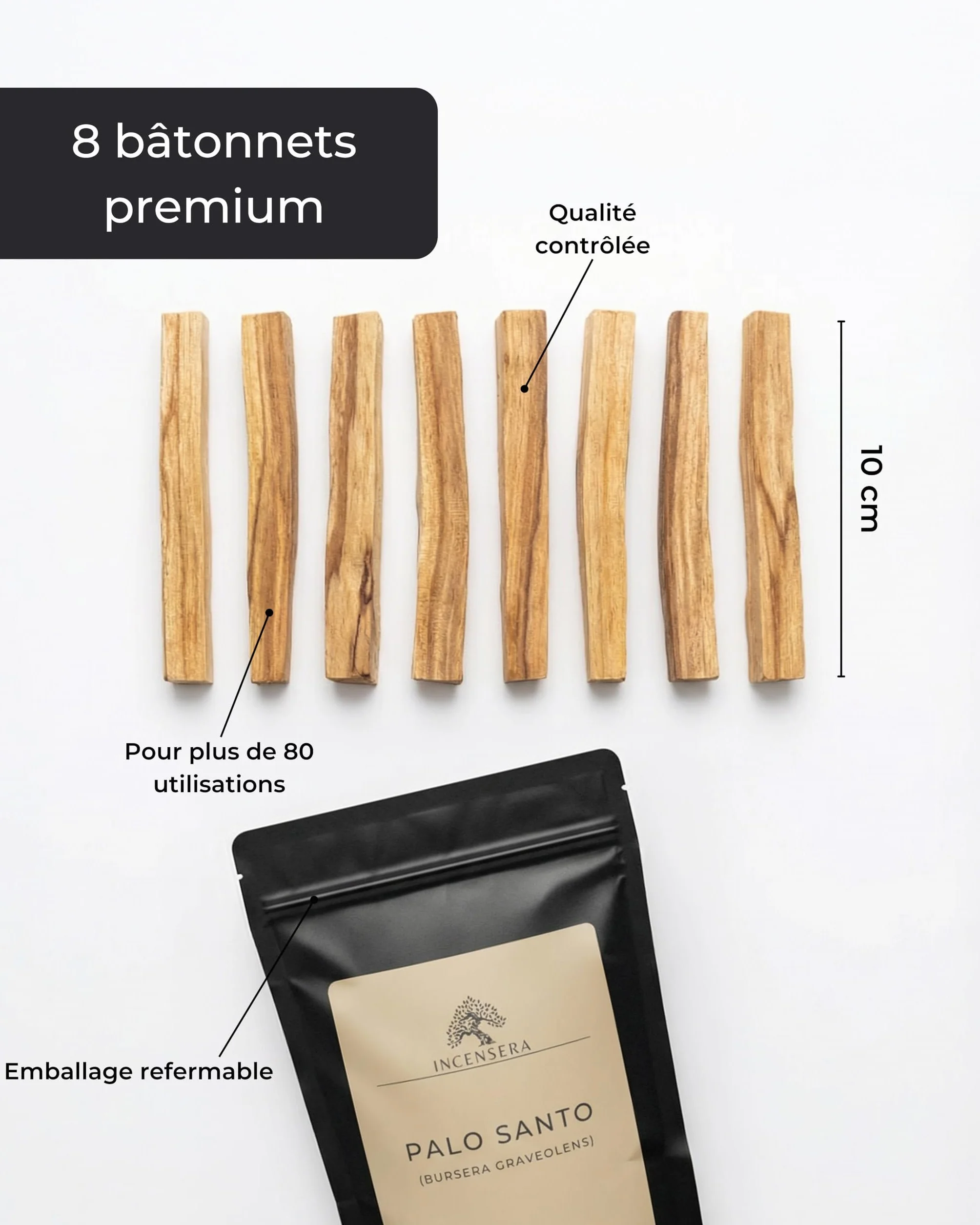 Incensera Bois de Palo Santo 8 Bâtons d'Encens Naturel 10 cm Purification Maison Méditation Aromathérapie