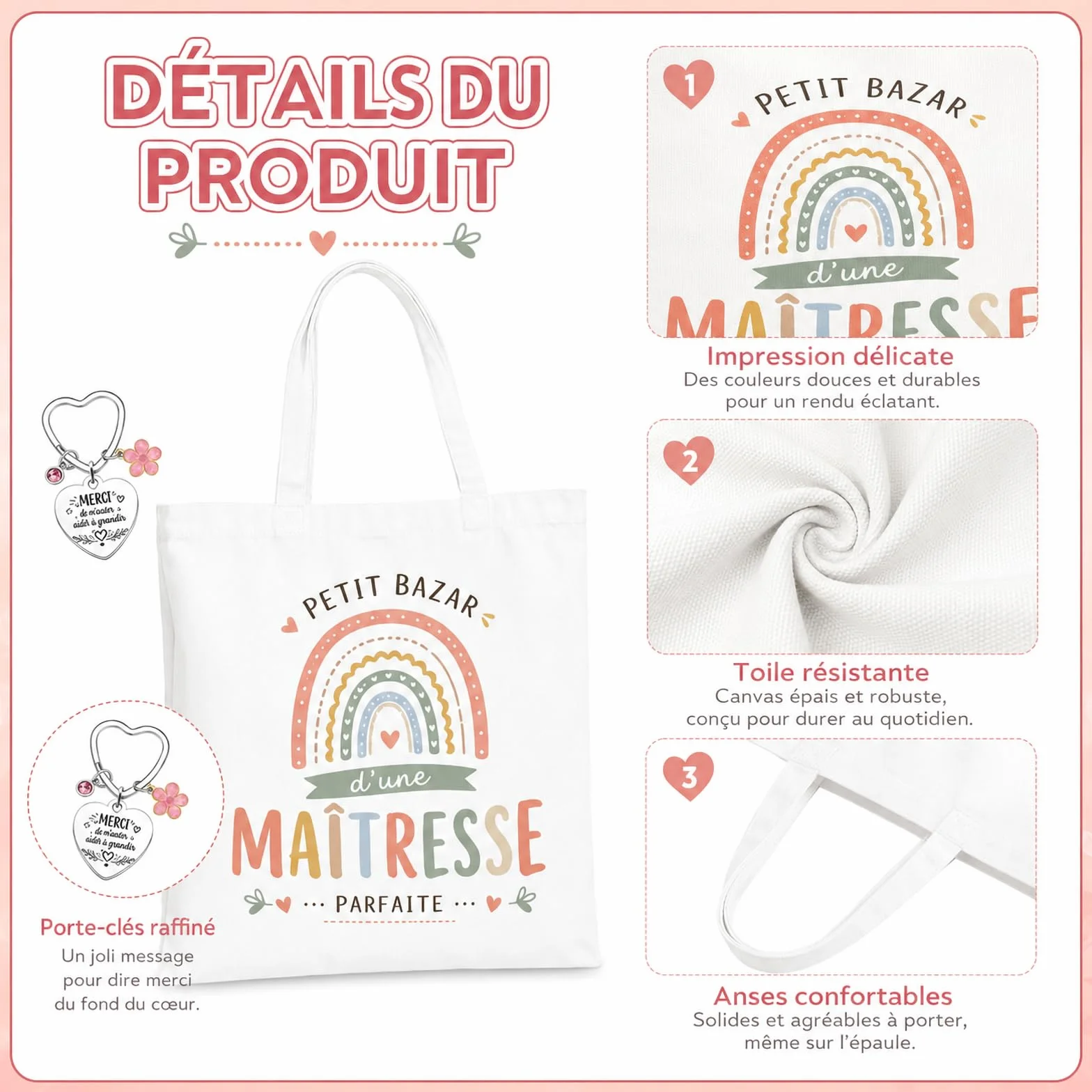 Sac En Toile & Porte-Clés Cœur En Acier Inoxydable Cadeau Maitresse D'École Original