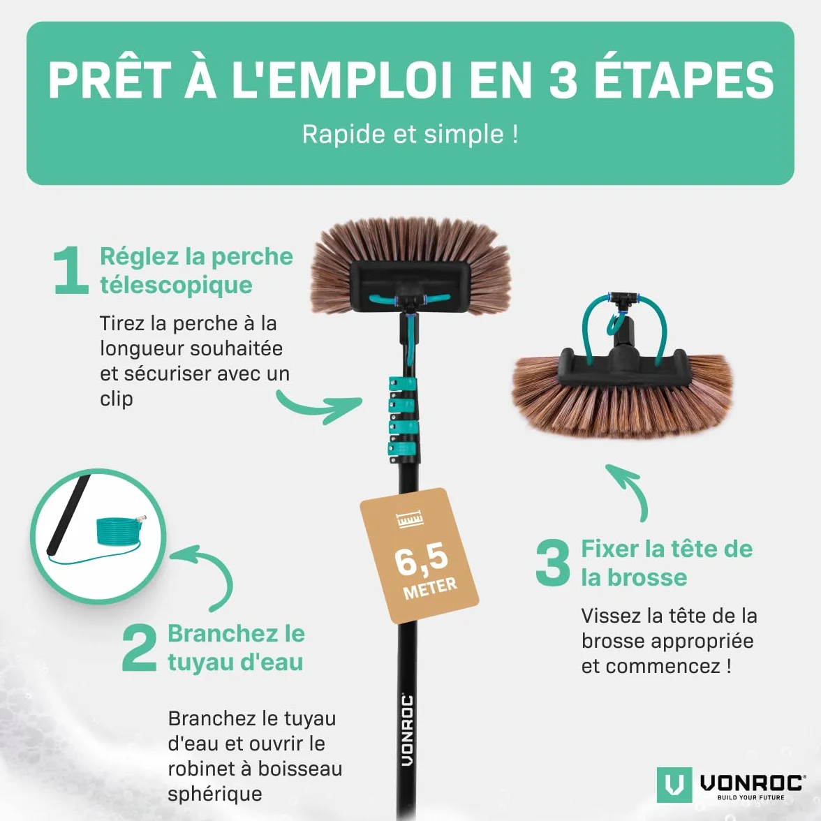 VONROC Brosse de Lavage Télescopique 6,5 m avec Arrivée Eau – Kit Complet 2 en 1 Nettoyage Panneaux Solaires, Vitres, Façades