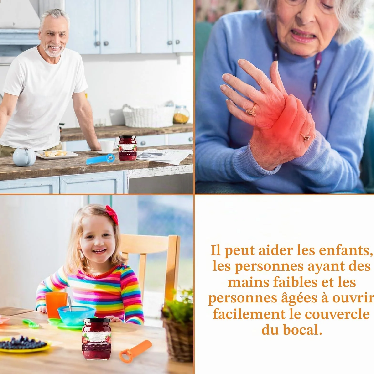 Ouvreur de Bocaux Manuel 3 Pièces, Ouvre Bocal Sans Effort pour Personnes Âgées Enfants Femmes Mains Fragiles