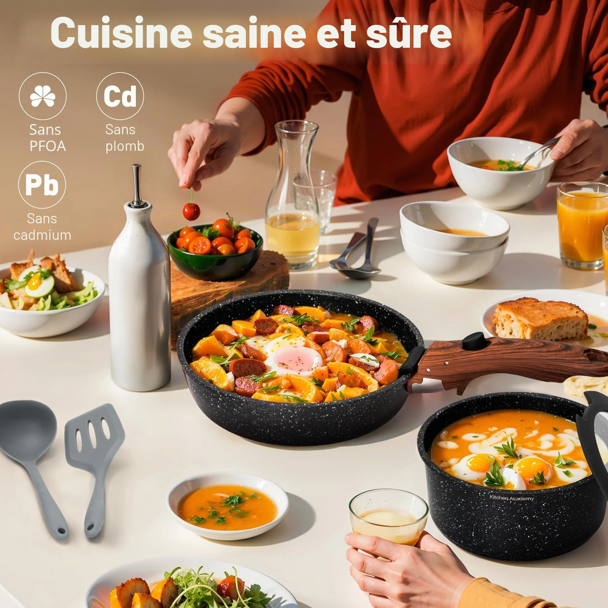 Kitchen Academy Lot de 10 Casseroles et Poêles avec Poignée Amovible, Couvercles en Verre, Revêtement Anti-adhésif Compatible Induction Noir