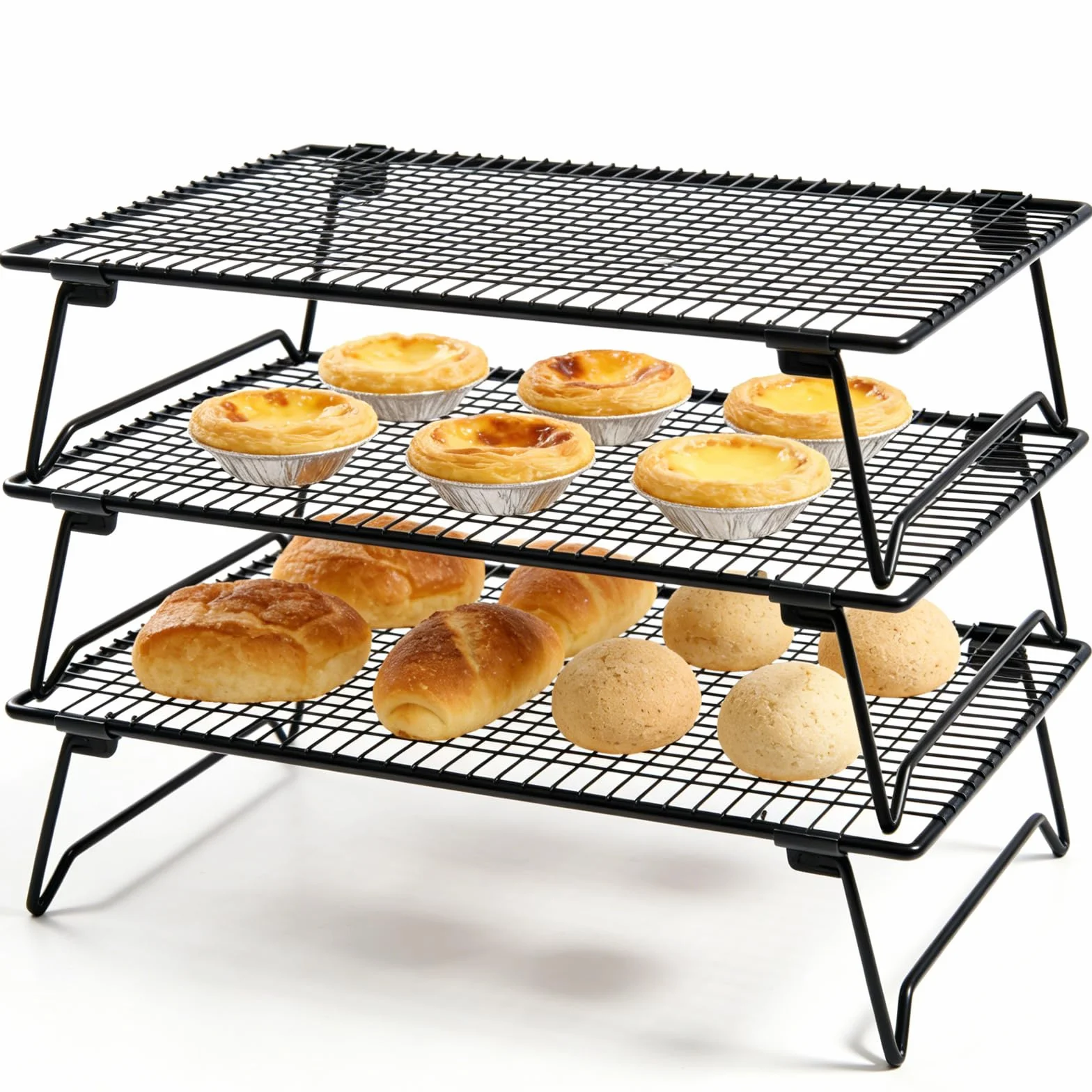 Grille de Refroidissement Patisserie 3 Niveaux Acier Carbone Antiadhésive 43x28x8cm Pliable Empilable