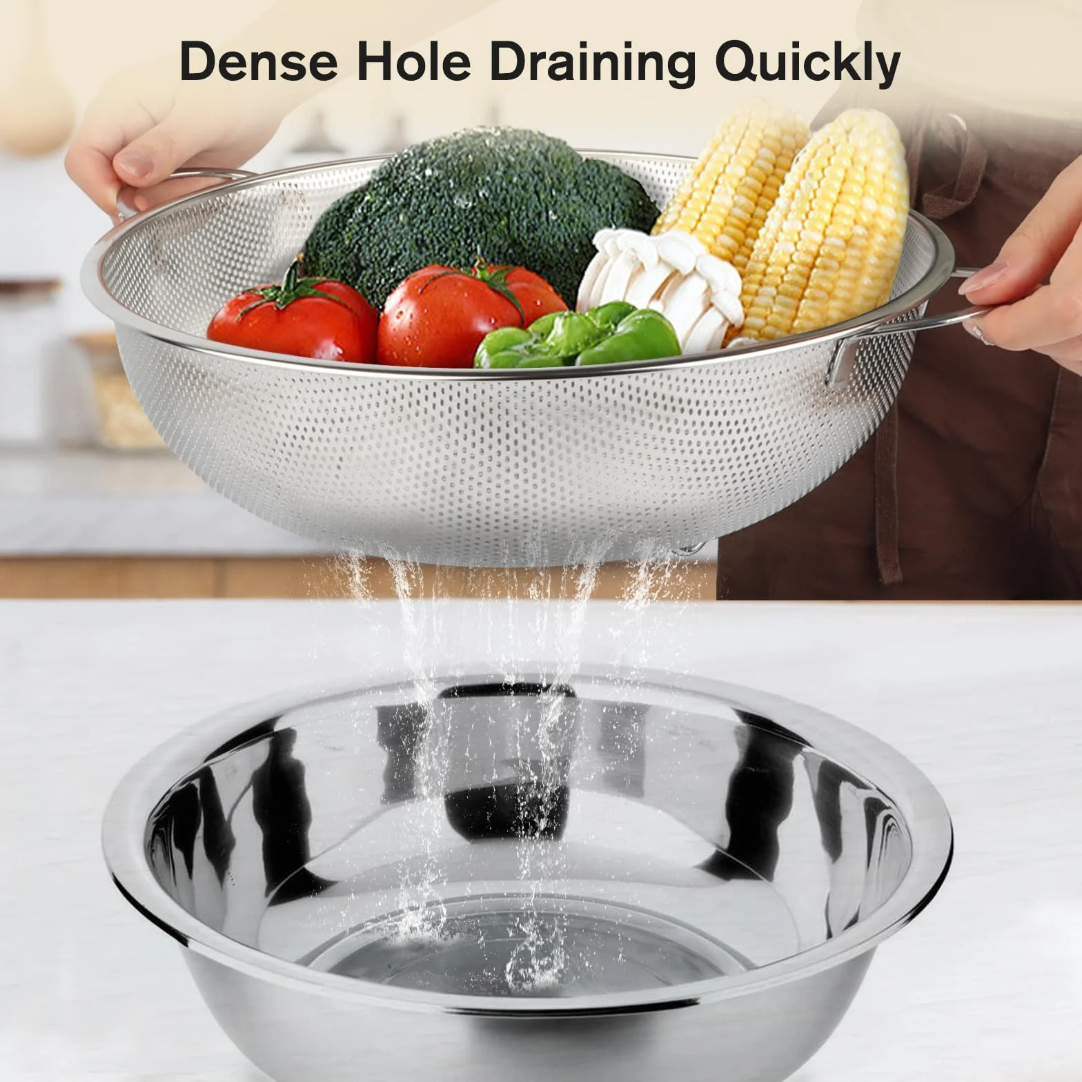 Passoire Cuisine Inox Poignées Tamis Micro Perforée Crépine Mailles Fines Polie Brillante Métal Pour Pâtes Fruits Légumes